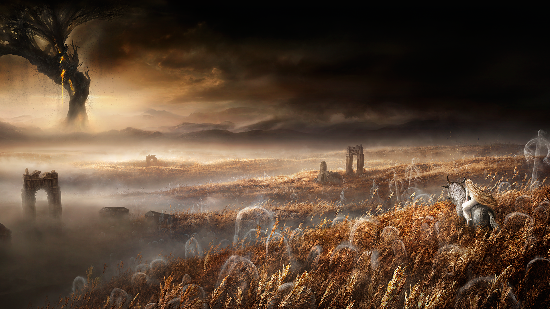 Elden Ring: Shadow of the Erdtree landscape with ruins and rider HD Wallpaper