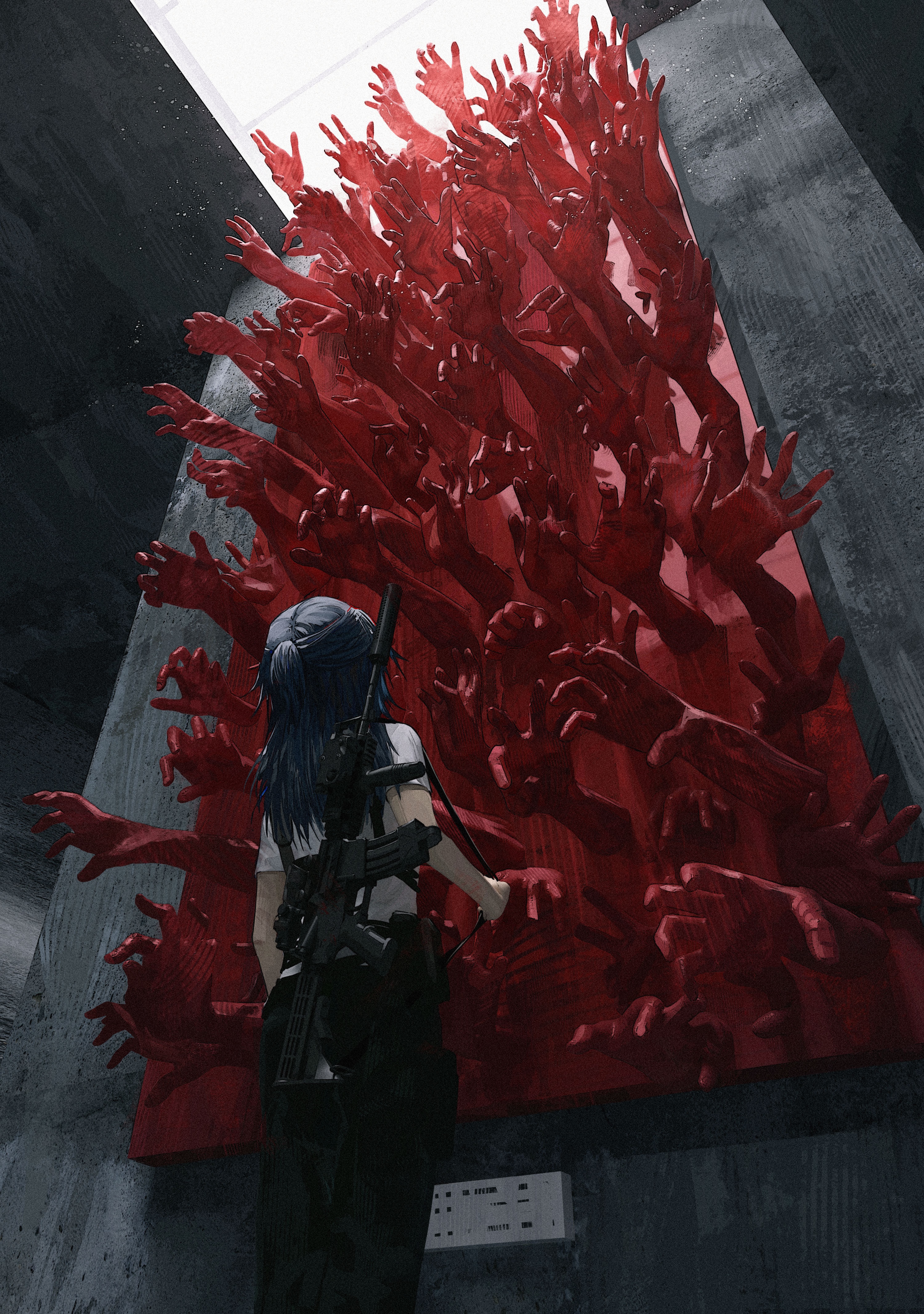 Girl with gun facing wall of red hands HD Phone Wallpaper