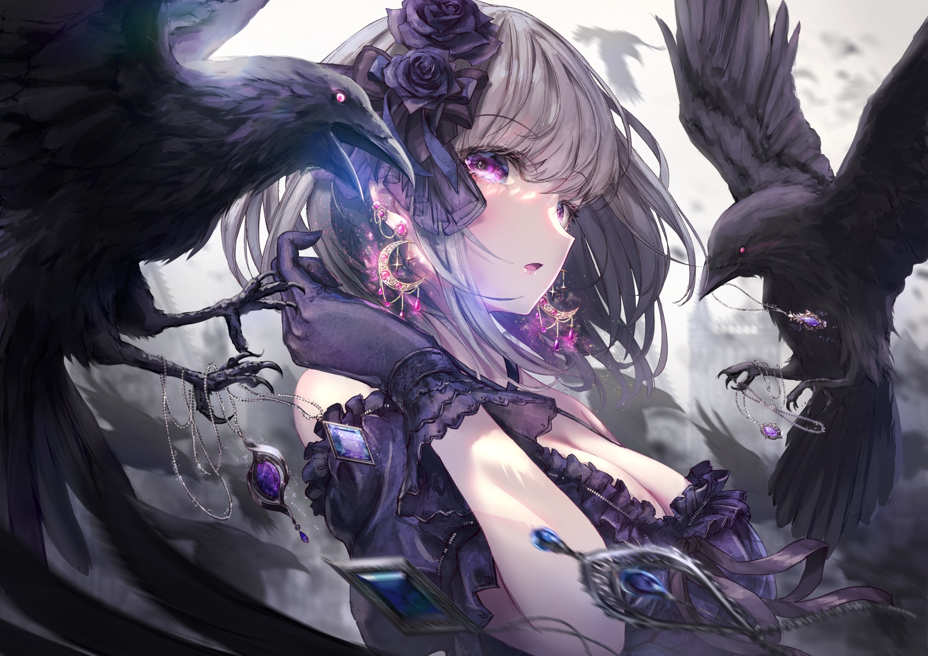 Anime girl with ravens and jewelry HD Wallpaper