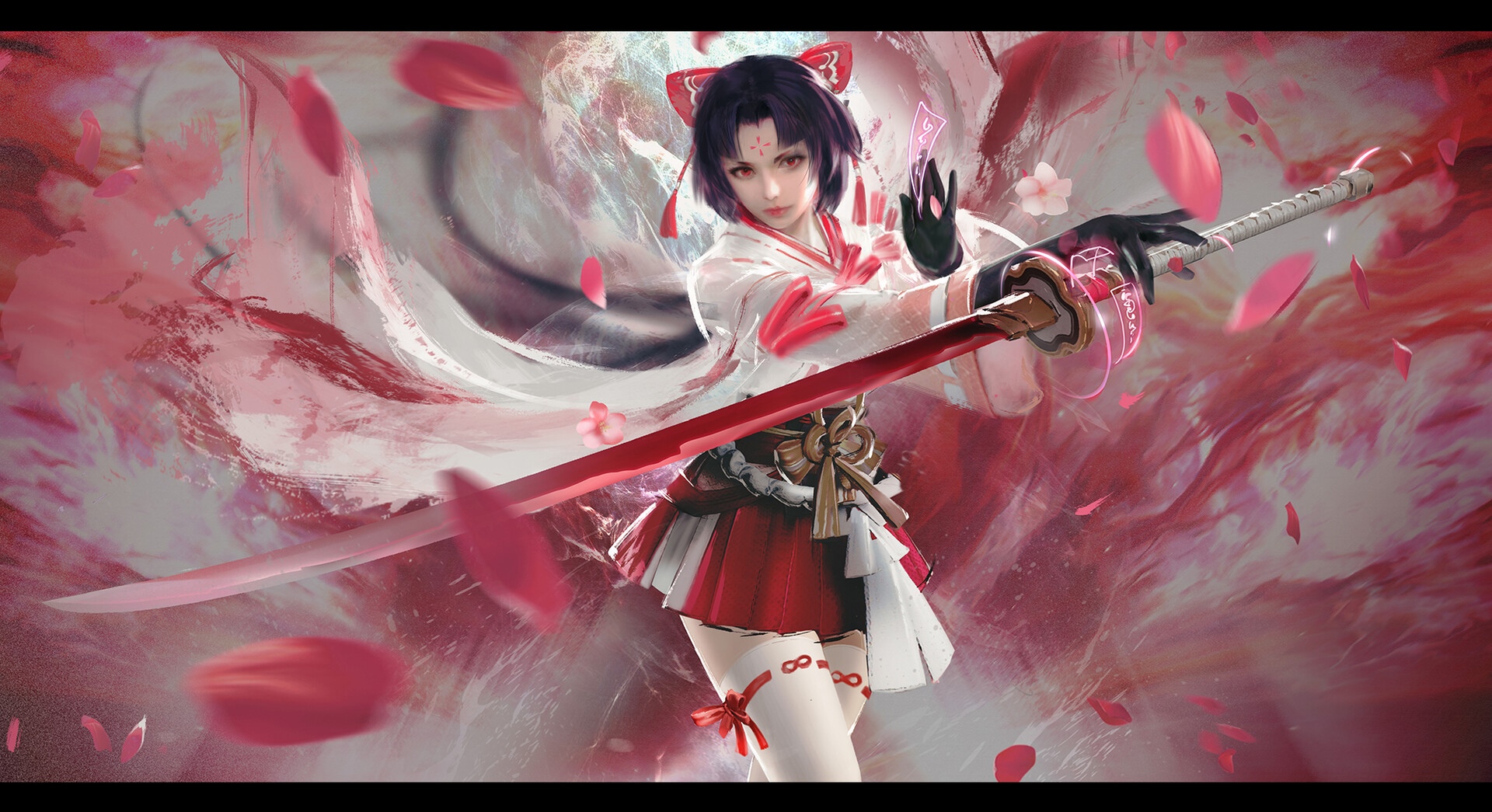 Onmyoji character with katana and red petals HD Wallpaper