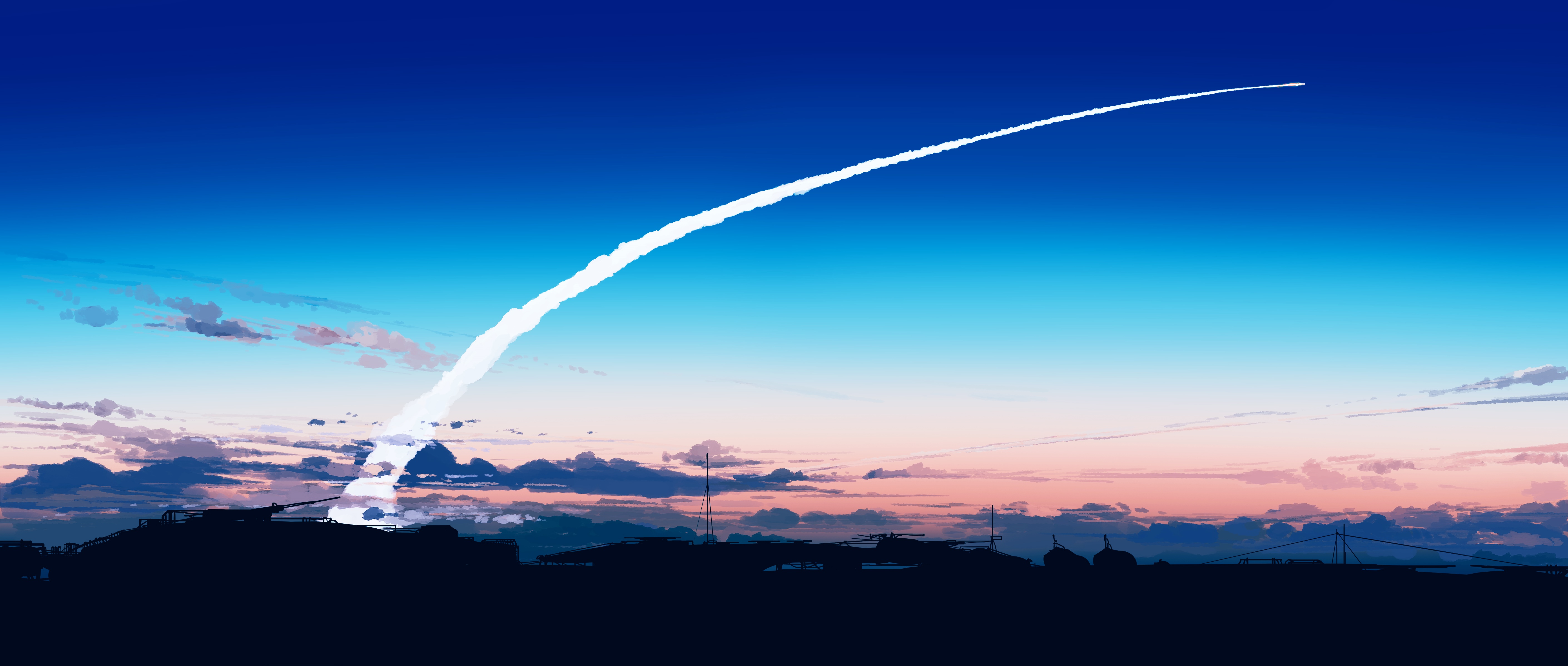 4K painting of a rocket launch over a cityscape HD Wallpaper
