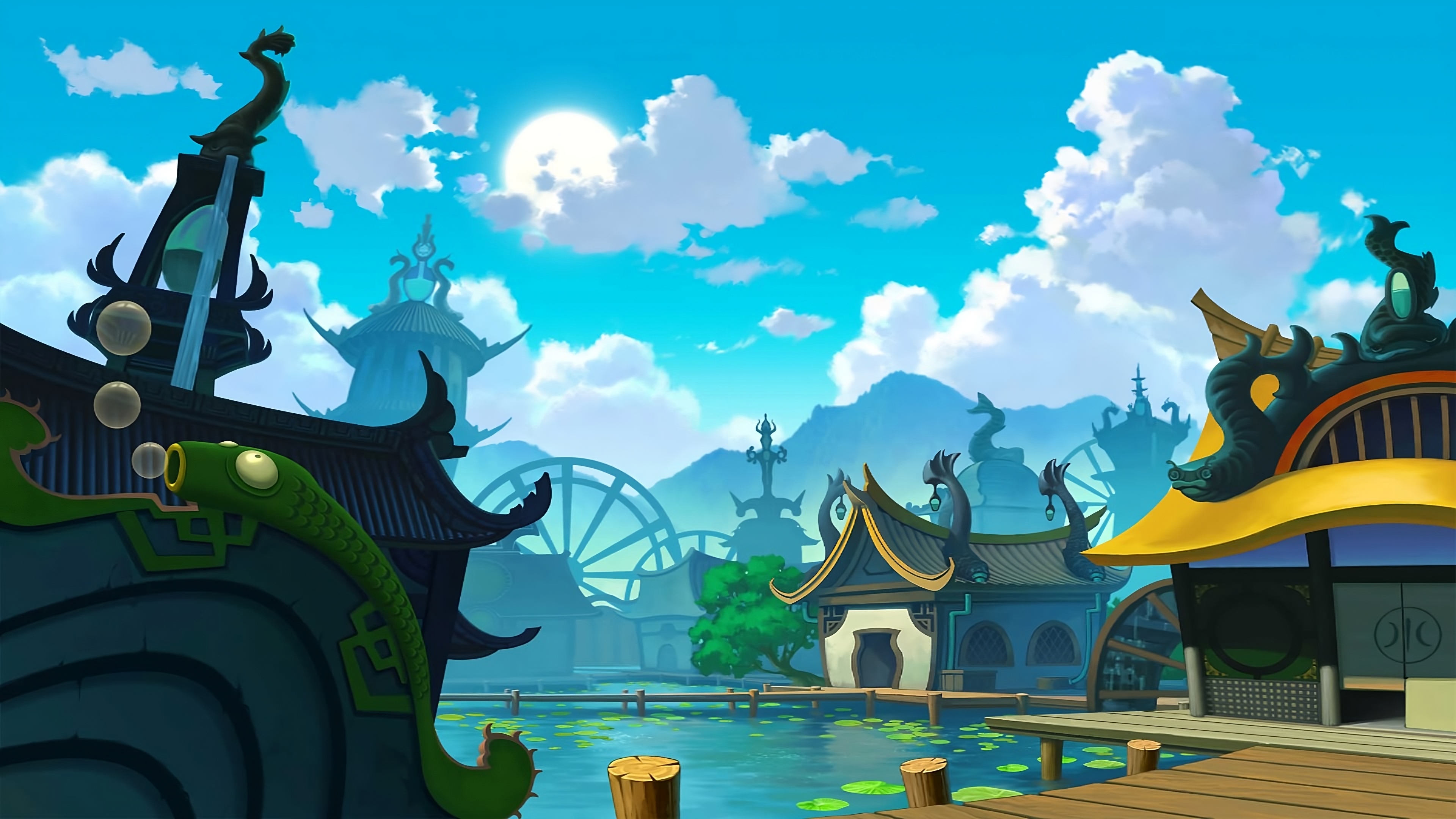 Anime city with a river and traditional buildings HD Wallpaper