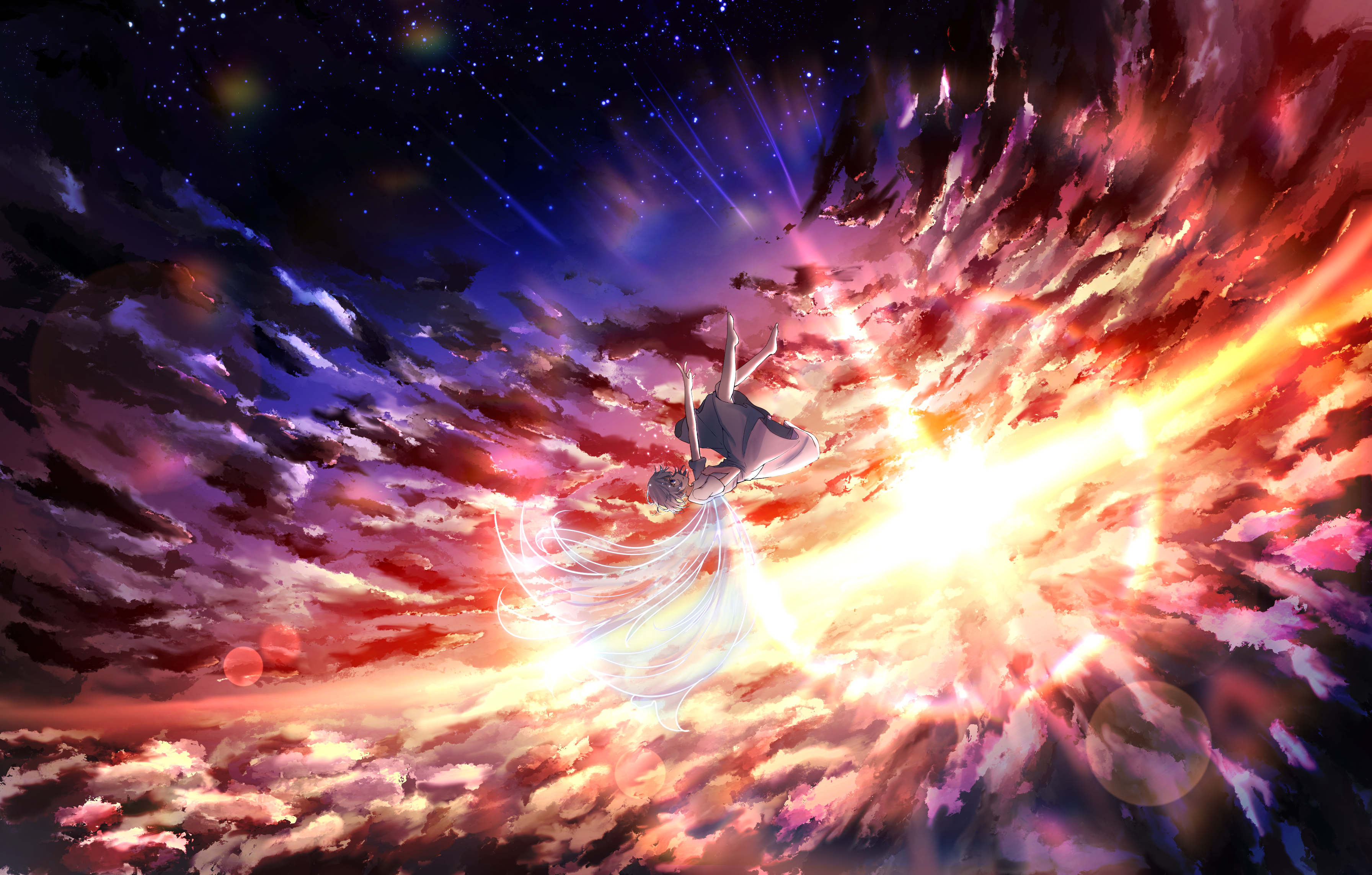 Girl falling through colorful clouds with stars and sun HD Wallpaper