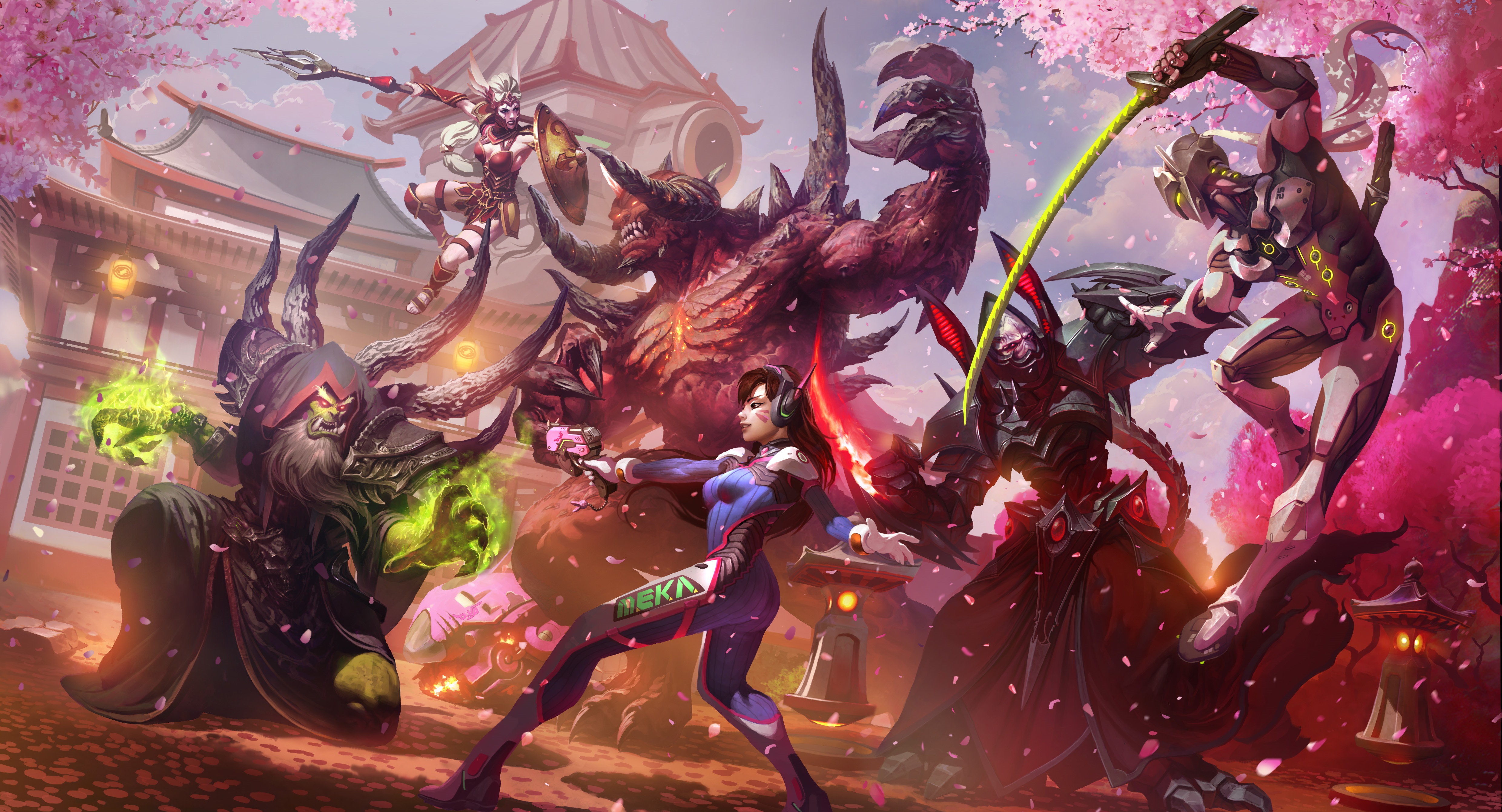 4K Overwatch and Warcraft Crossover with D.Va and Gul'dan HD Wallpaper