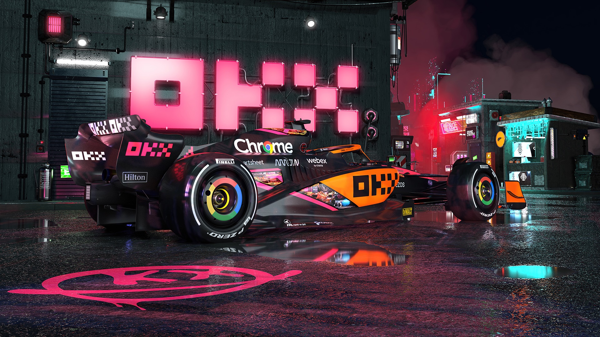 McLaren Formula 1 car in a neon-lit cyberpunk city HD Wallpaper