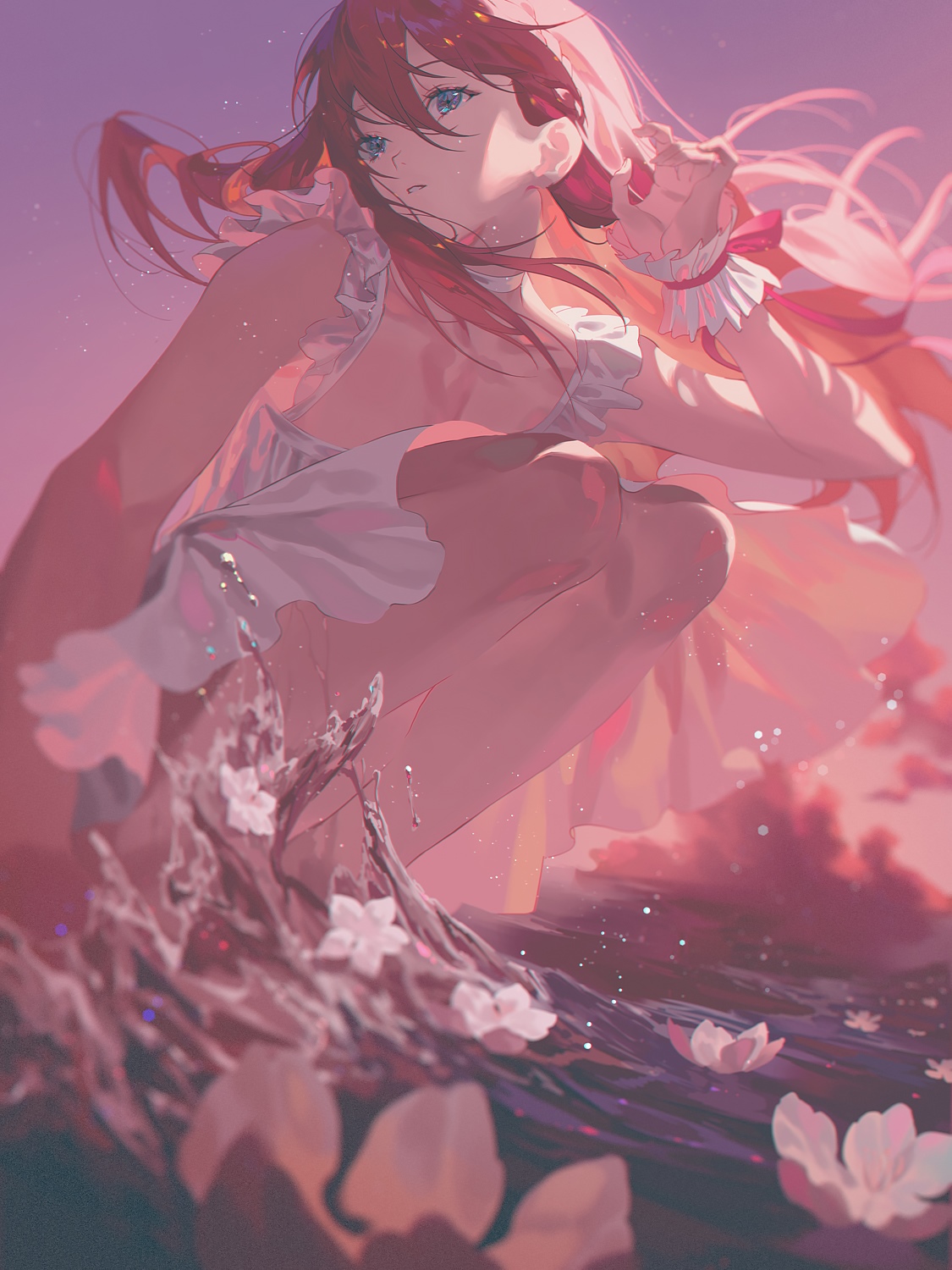 Anime girl with red hair in a white dress near water HD Phone Wallpaper