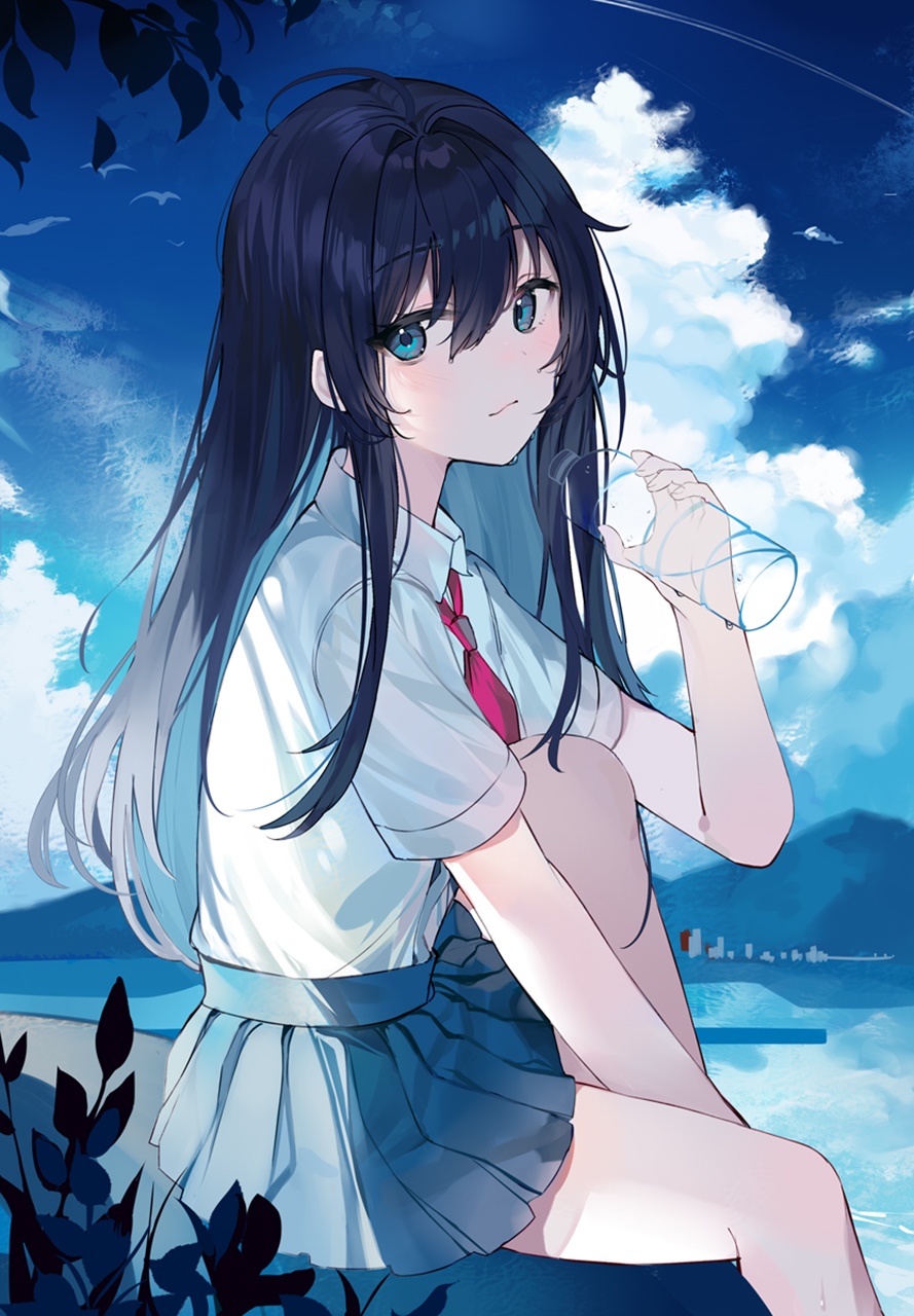 A schoolgirl drinks from a glass under a blue sky HD Phone Wallpaper