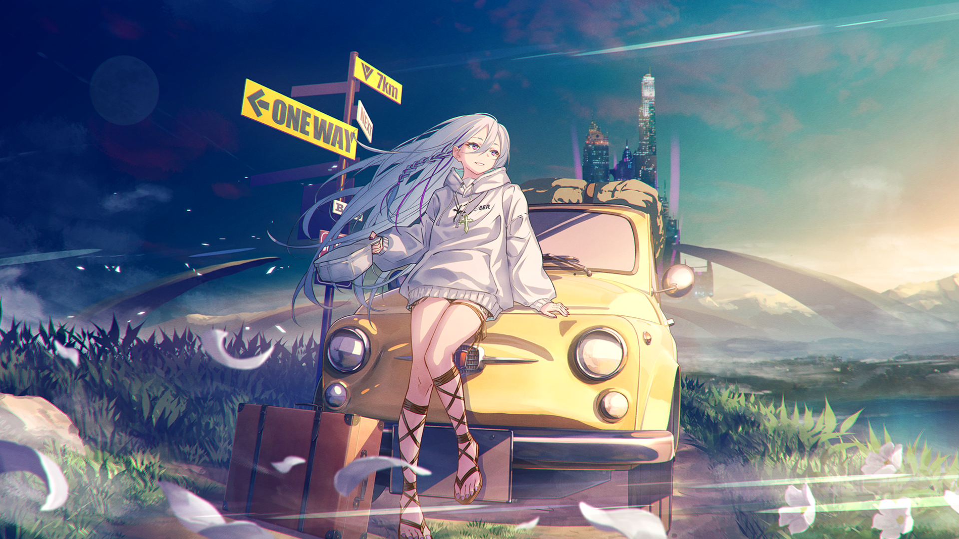 Anime girl with long hair sitting on a yellow car HD Wallpaper