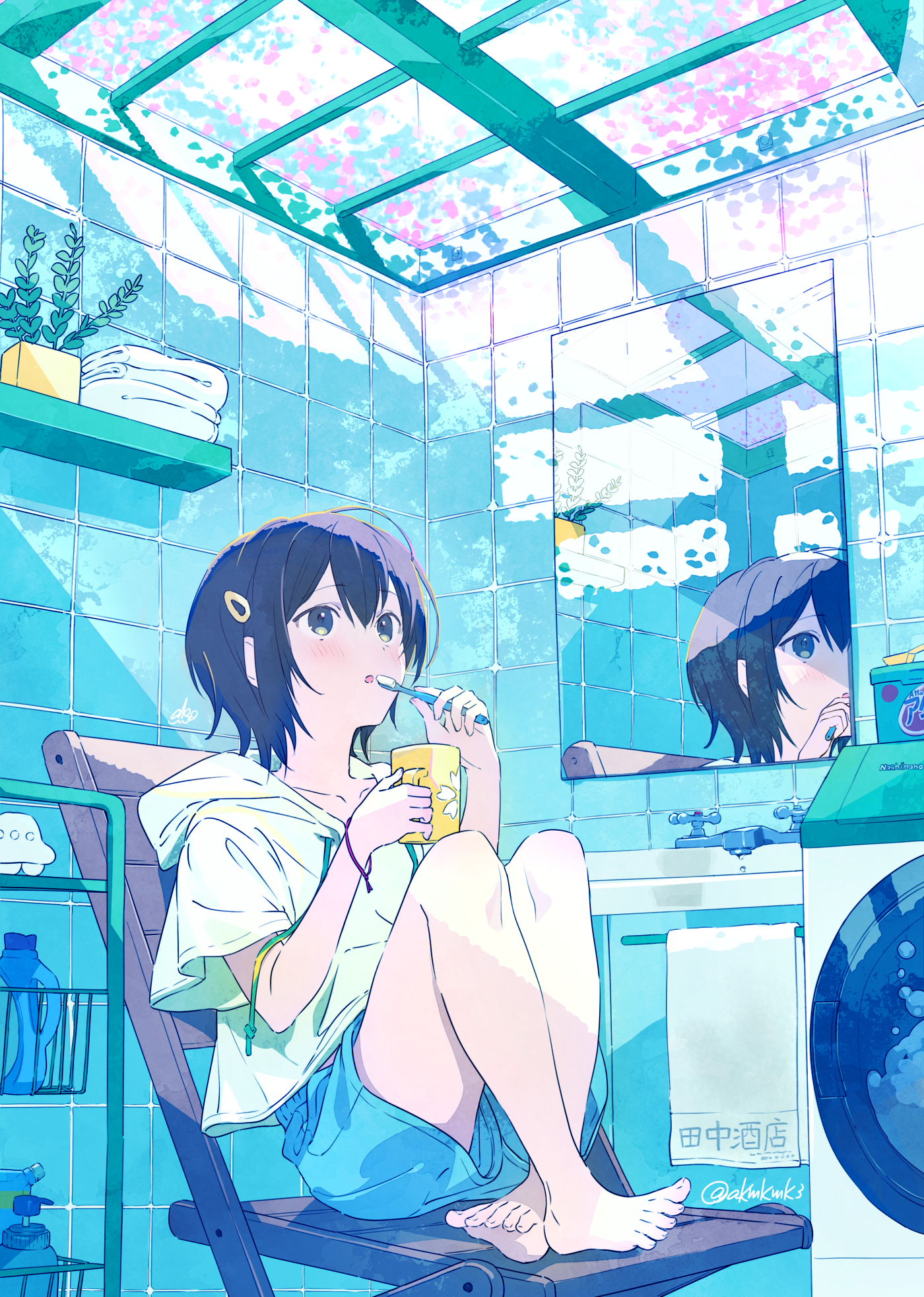 Girl brushing teeth in a bright blue bathroom HD Phone Wallpaper