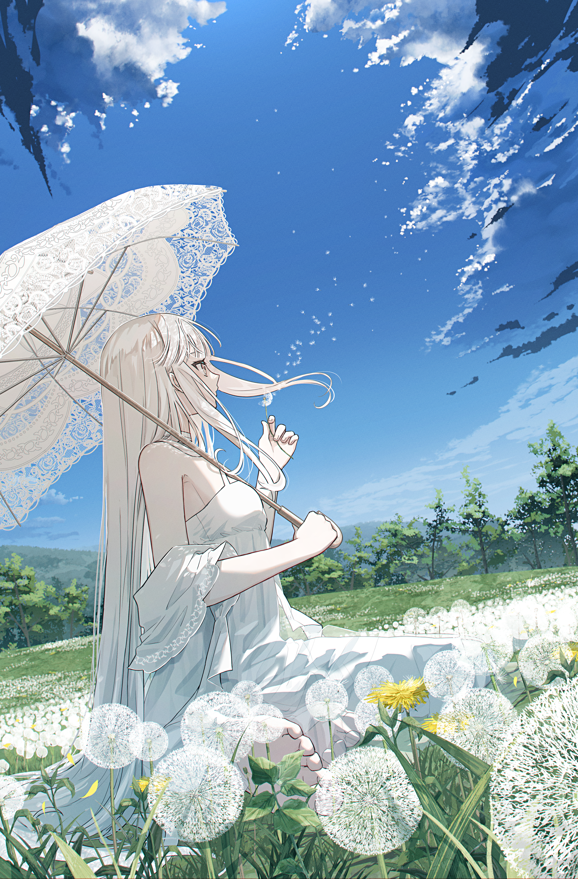Girl with white dress and umbrella in a field of dandelions HD Phone Wallpaper