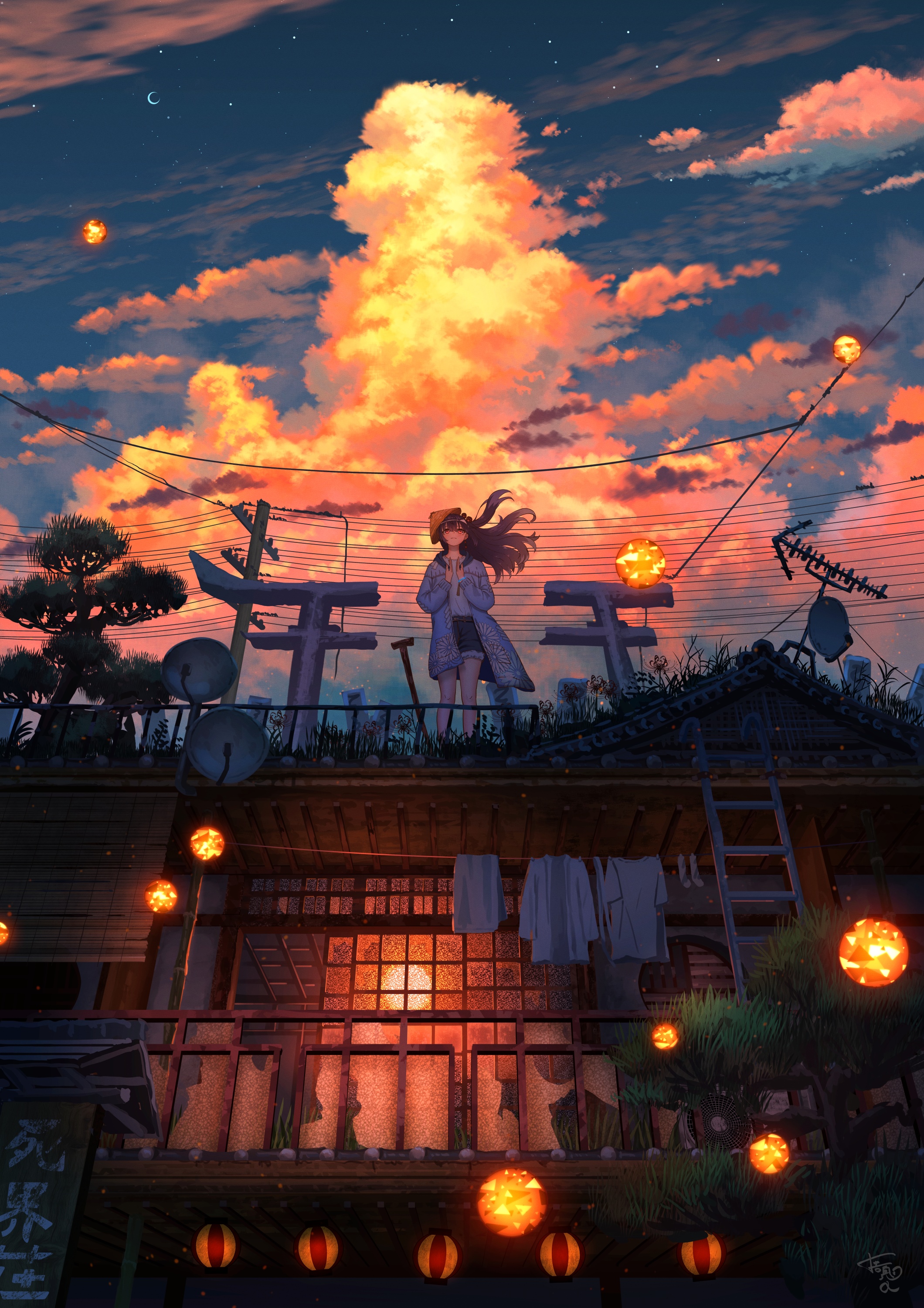 Anime girl on a rooftop at sunset with lanterns HD Phone Wallpaper