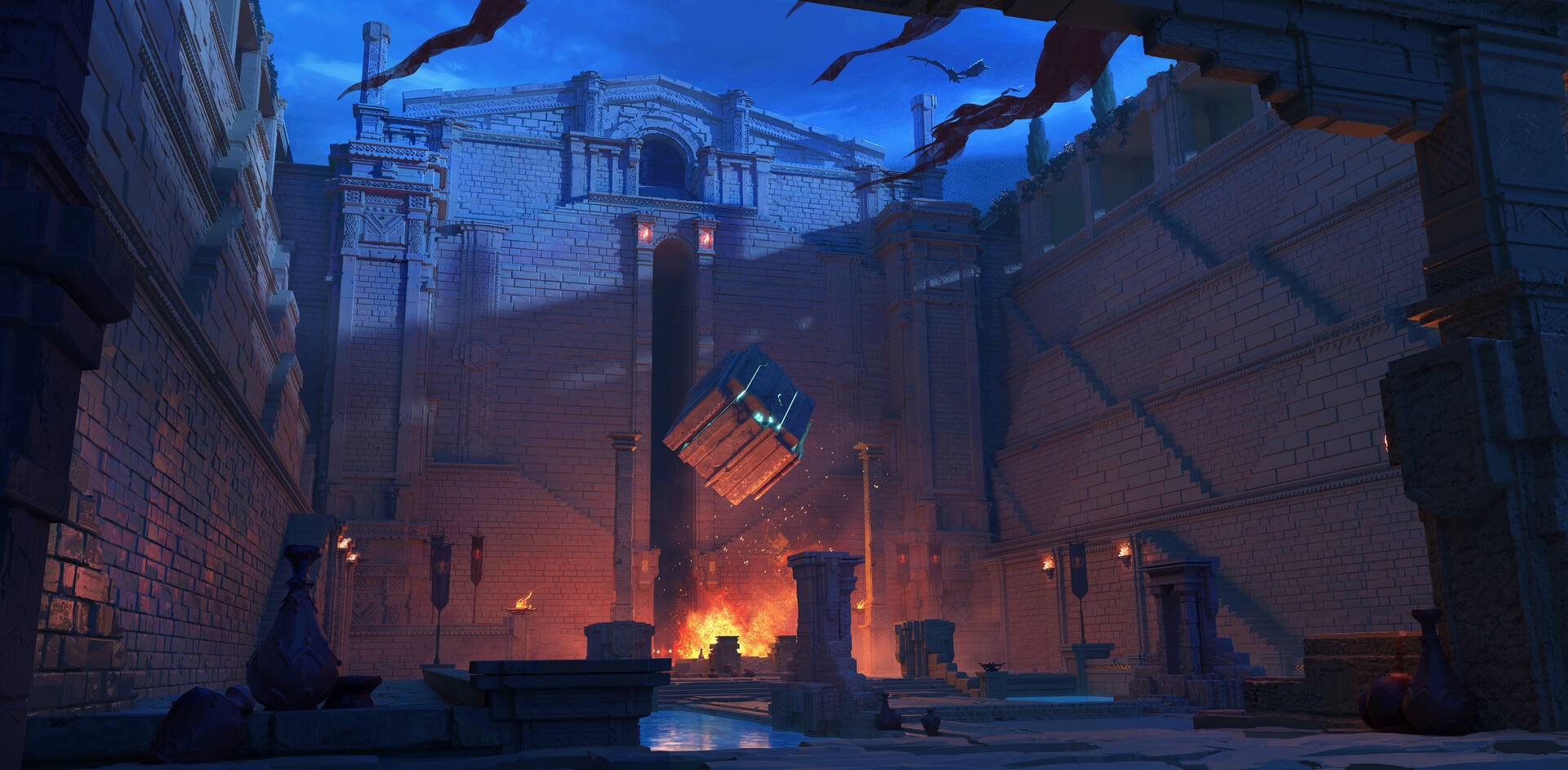 Floating cube above a fire in ancient ruins HD Wallpaper