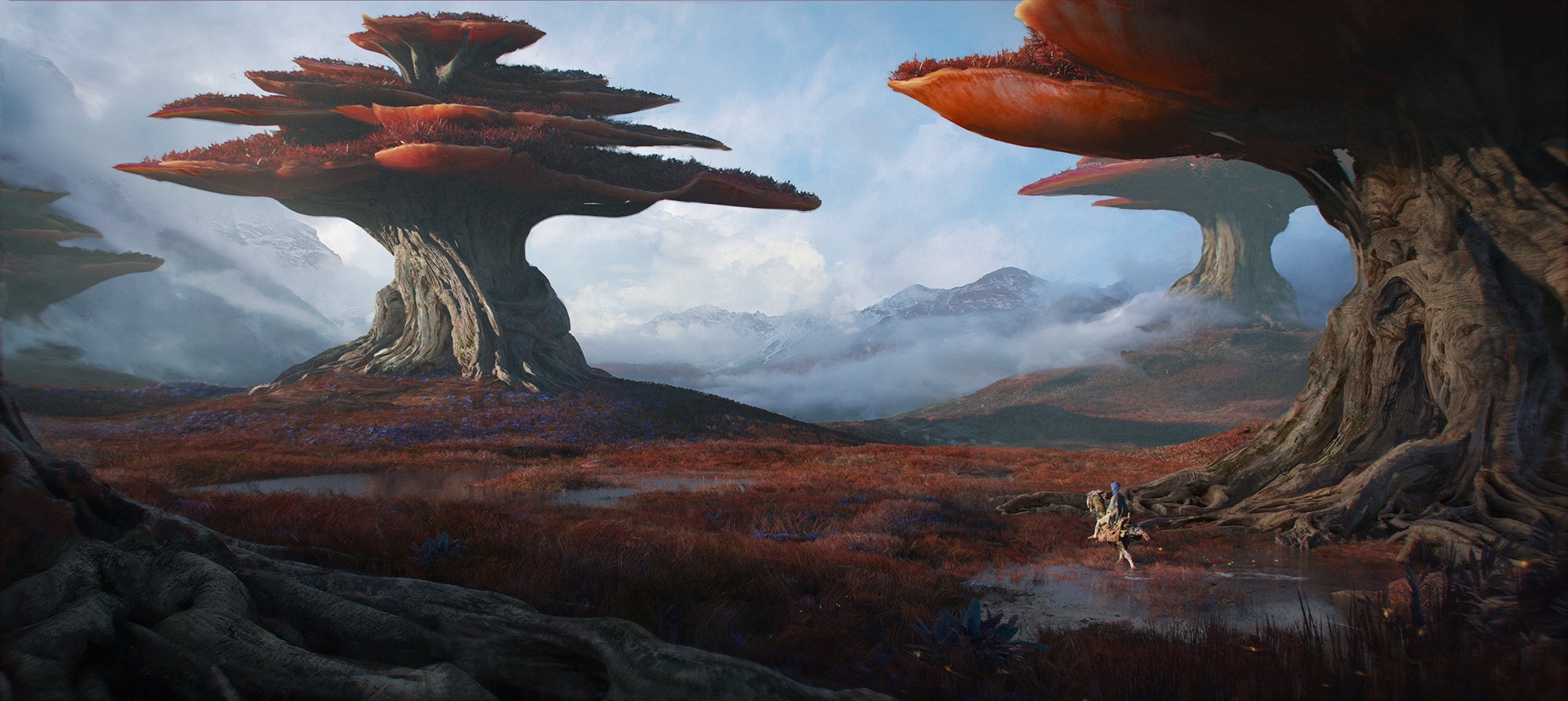 Alien landscape with strange trees and mountains HD Wallpaper