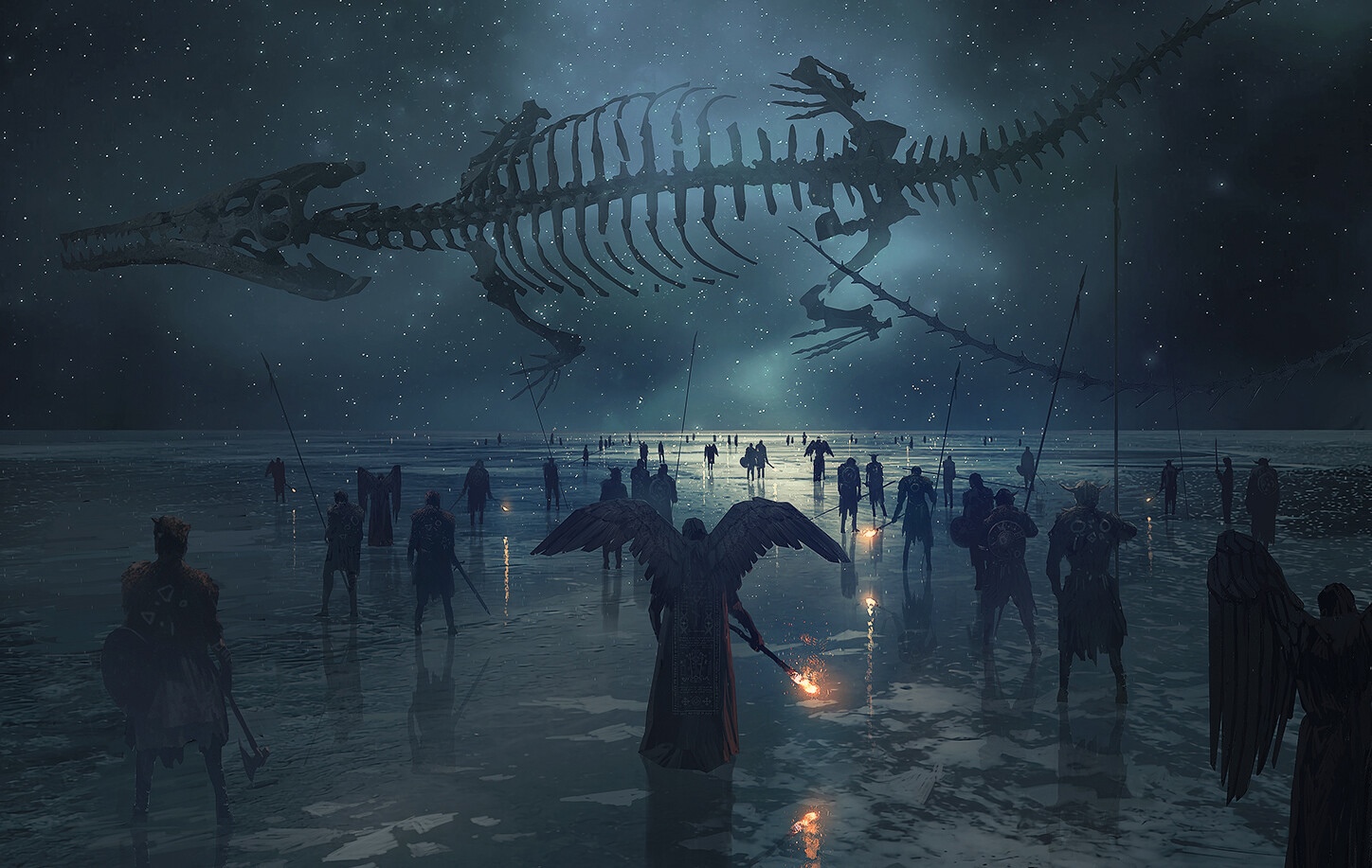Skeleton of a giant creature in the starry sky above an army HD Wallpaper