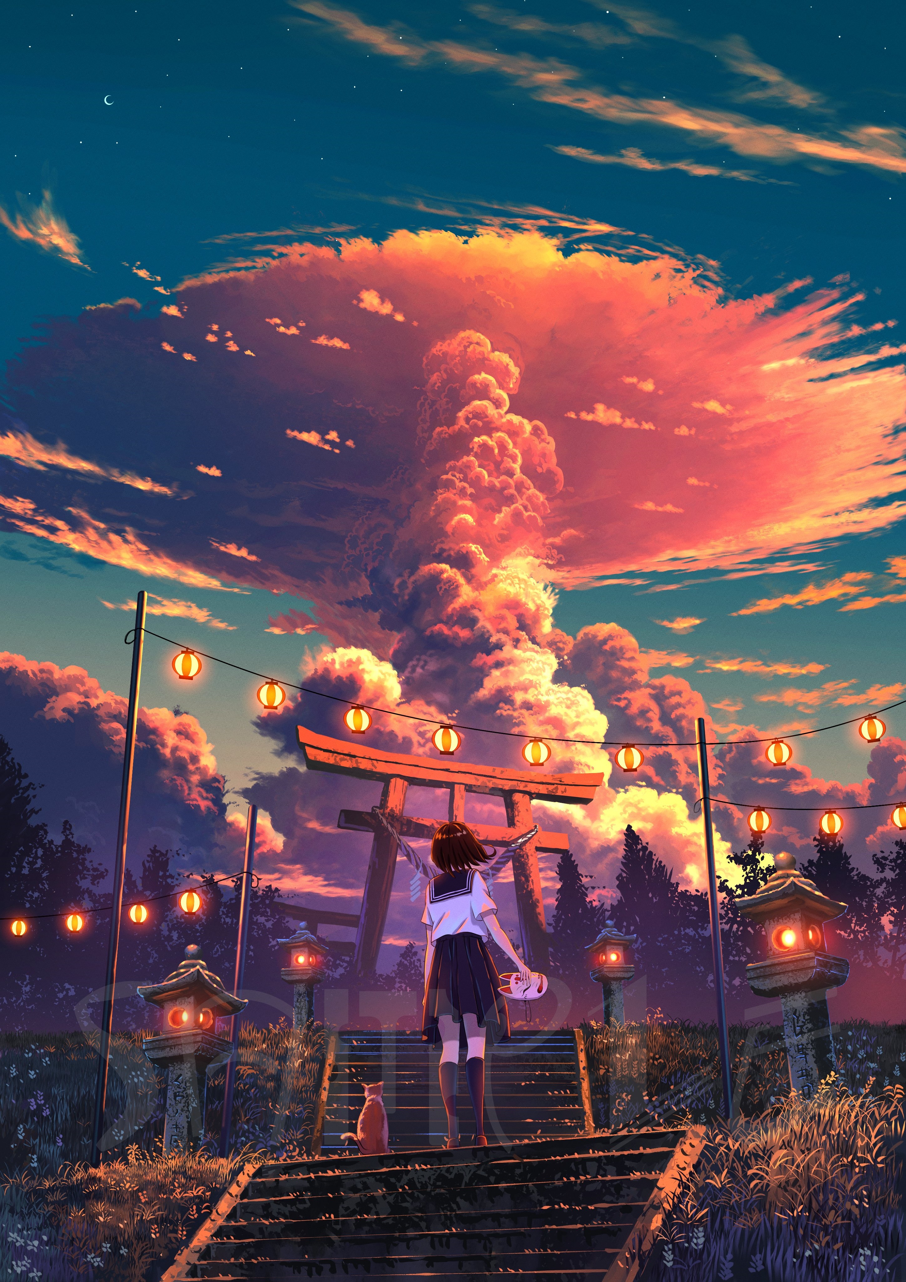 Schoolgirl with fox mask at sunset near torii gate HD Phone Wallpaper