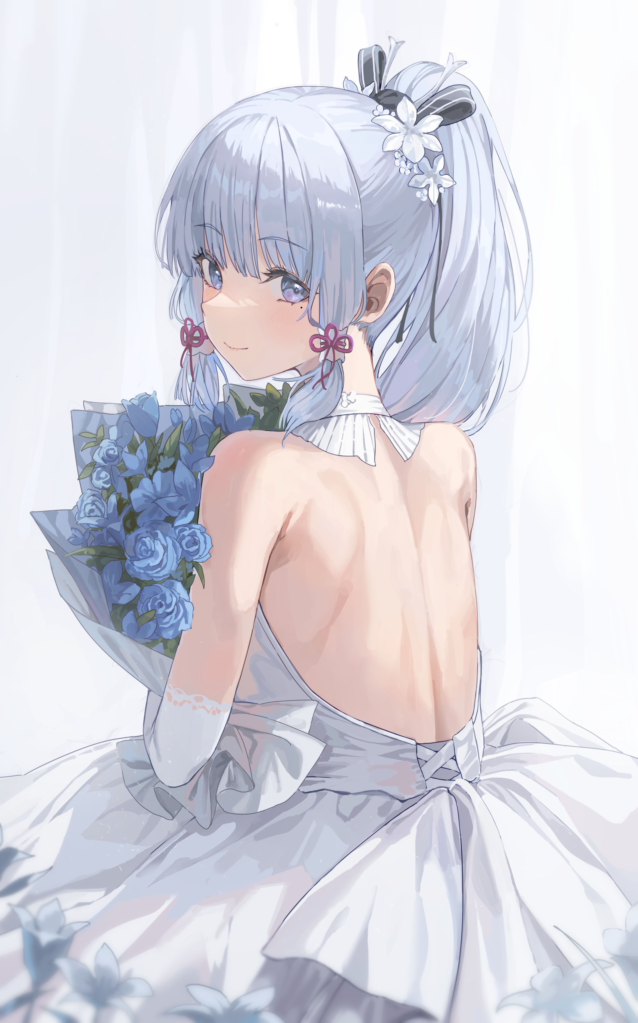 Kamisato Ayaka in a white dress holding blue flowers HD Phone Wallpaper