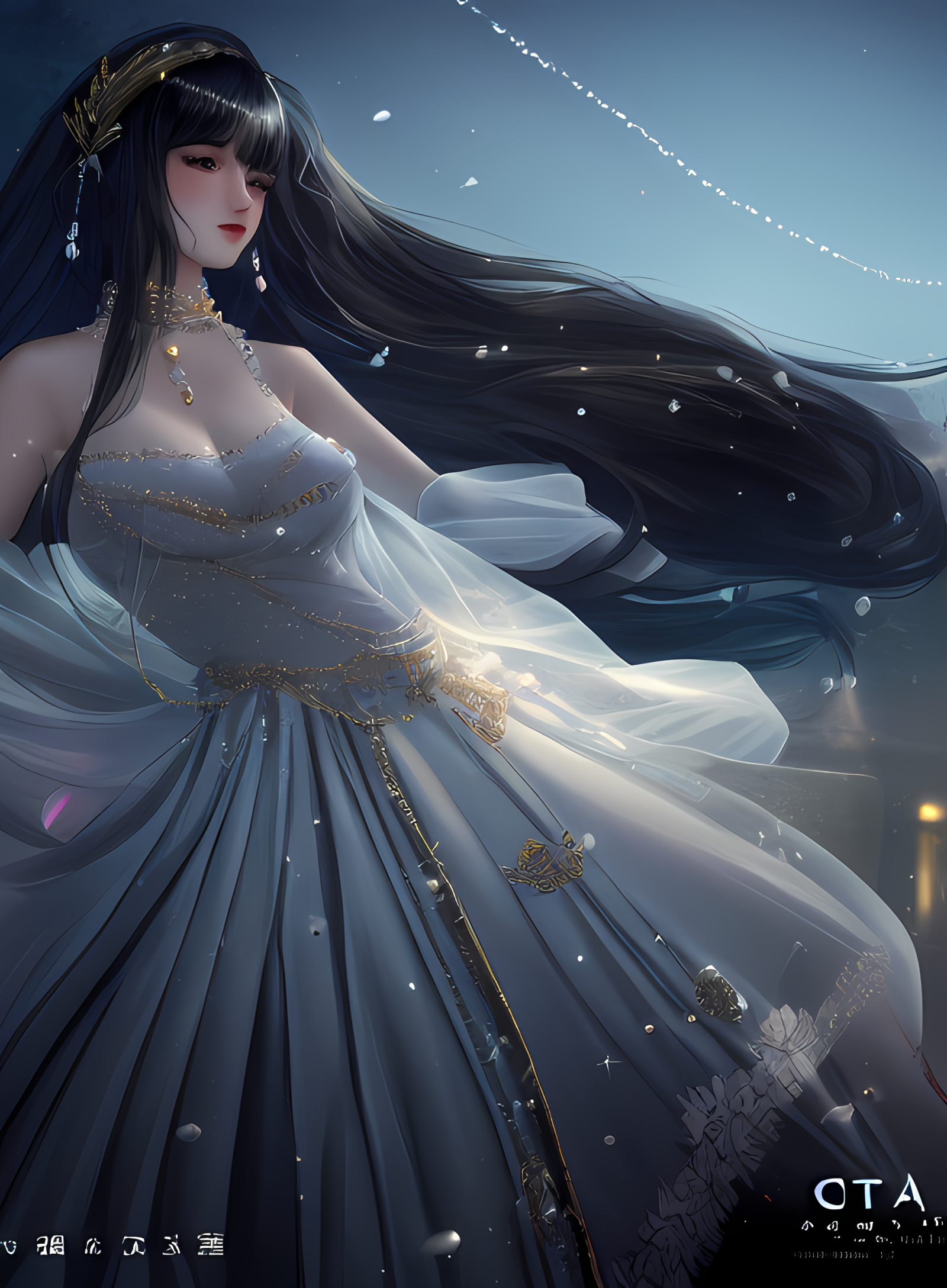 Woman in a flowing white and gold dress with long black hair HD Phone Wallpaper