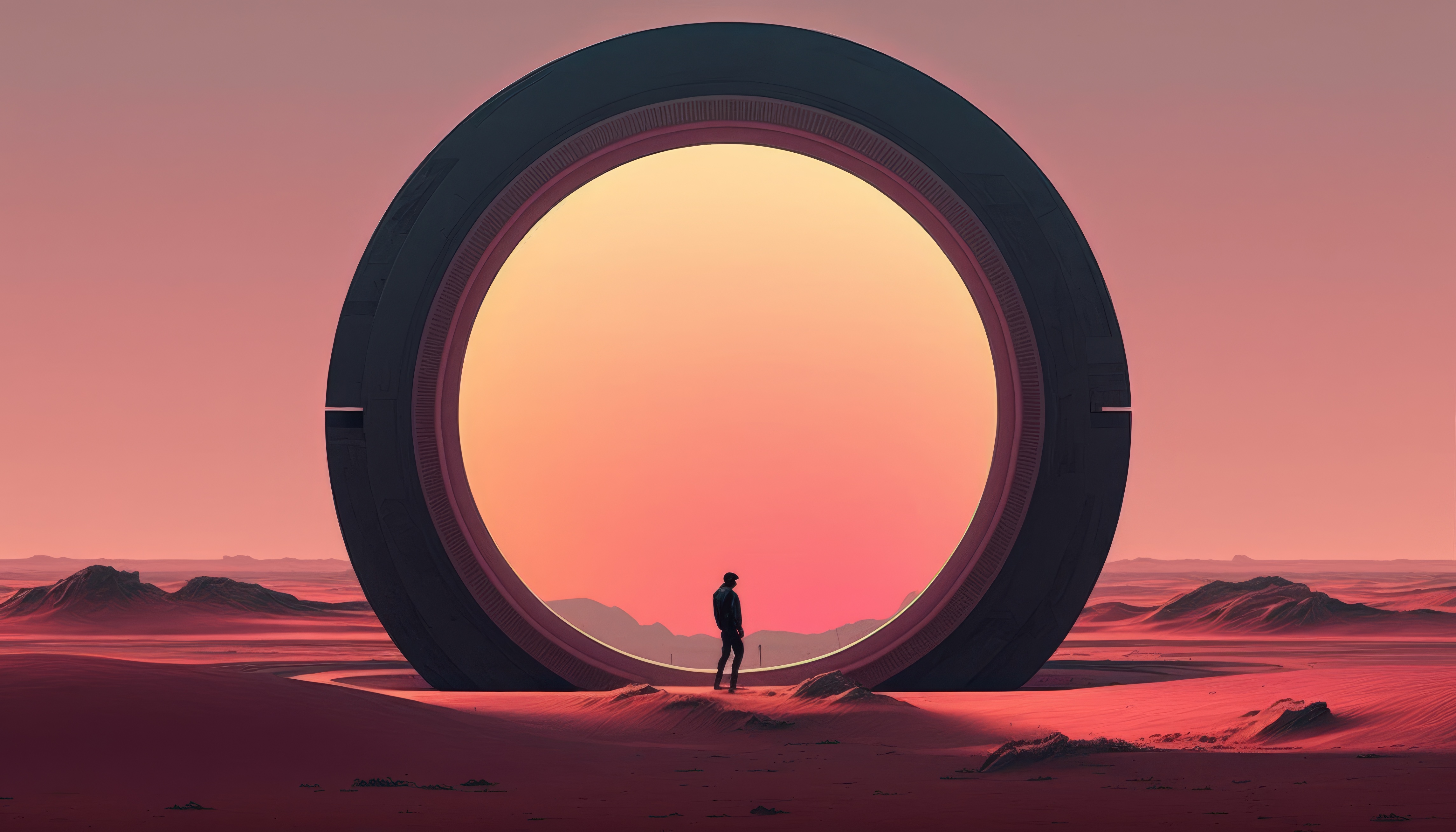 Science fiction circle portal at sunset HD Wallpaper