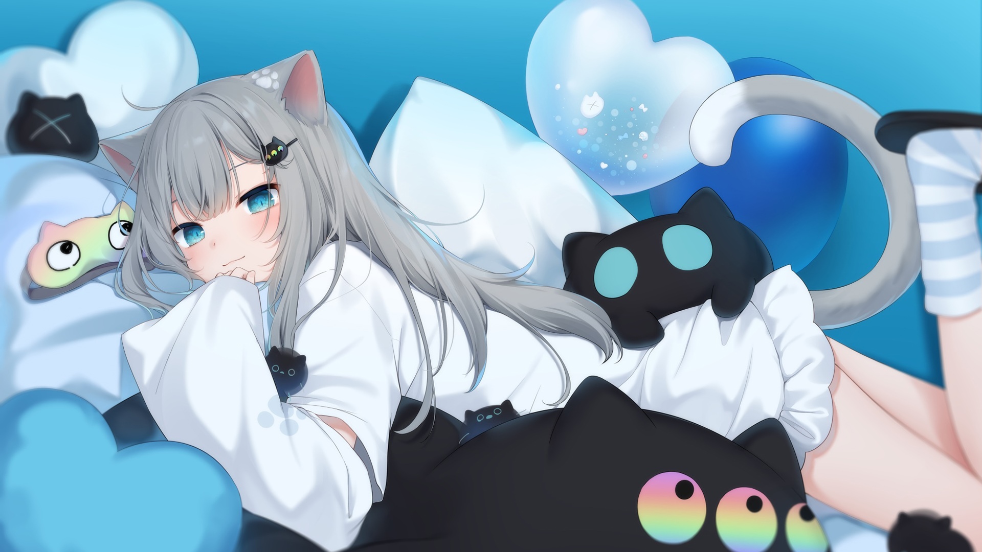 Cat girl with cat plushies and heart balloon HD Wallpaper