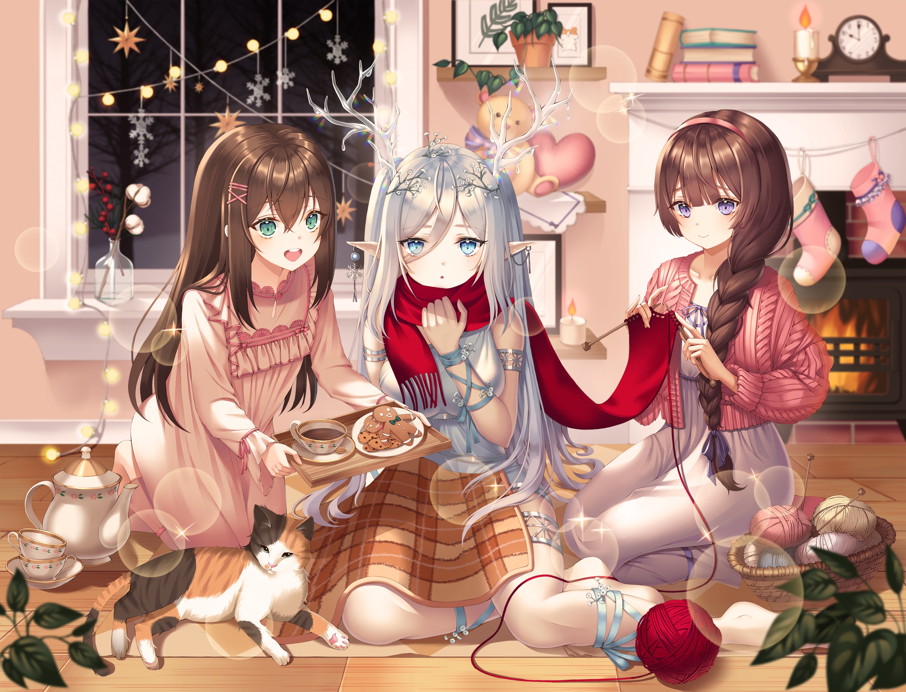 Three girls and a cat by the fireplace HD Wallpaper