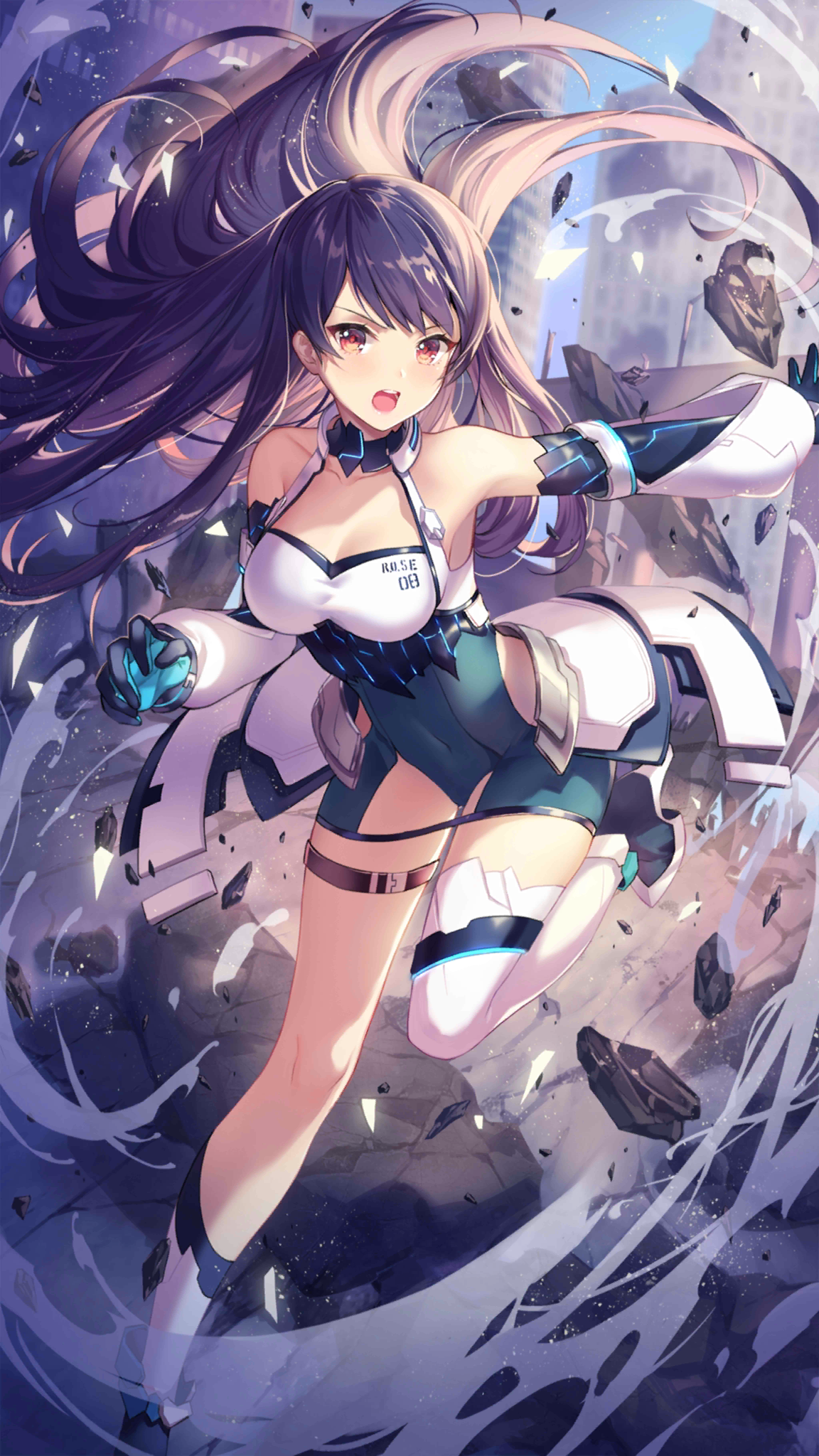 Anime girl in futuristic outfit with long purple hair HD Phone Wallpaper