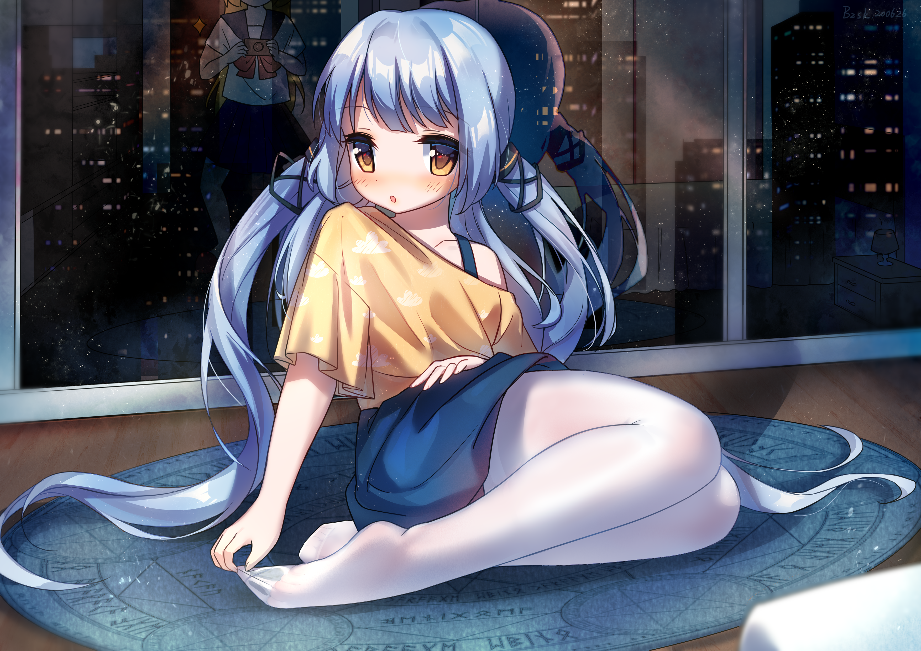 Girl with twintails in pantyhose by the window HD Wallpaper