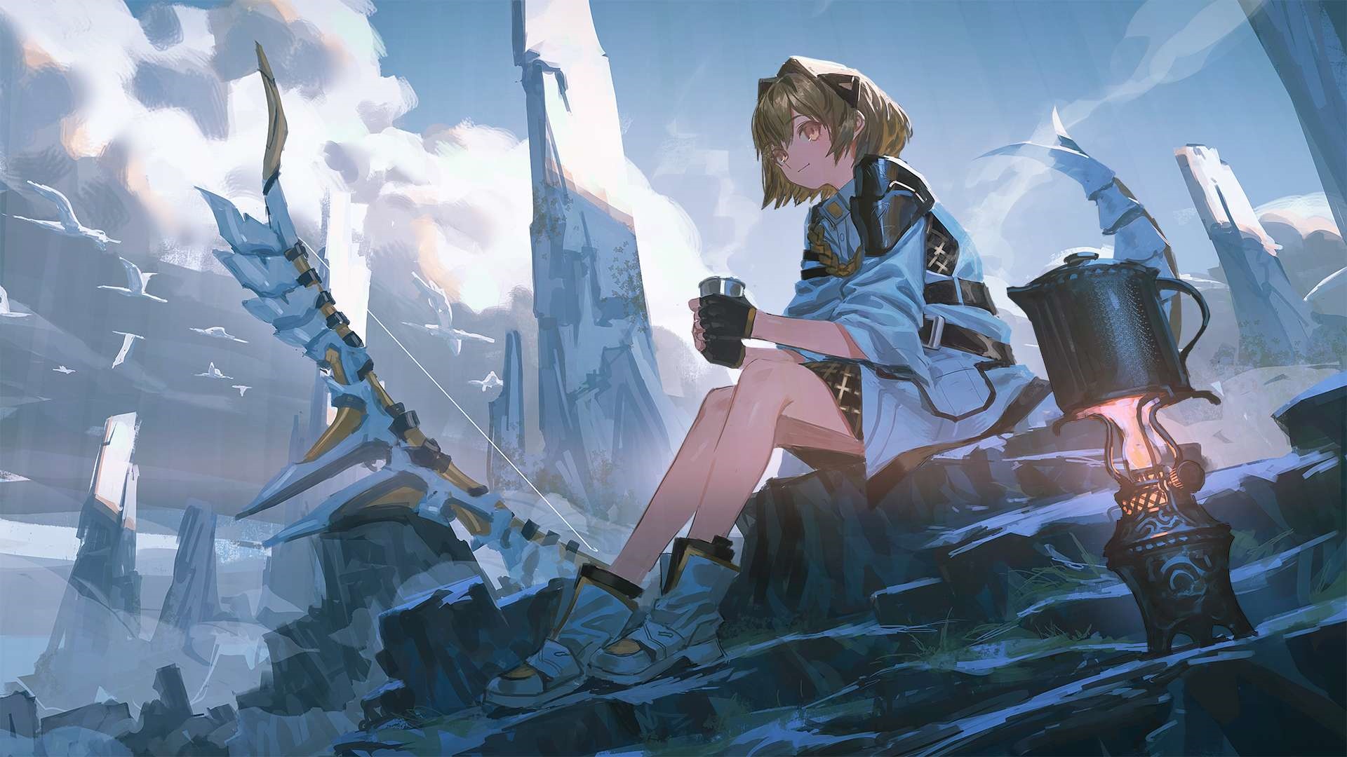 Alchemy Stars blonde girl with bow and drink HD Wallpaper