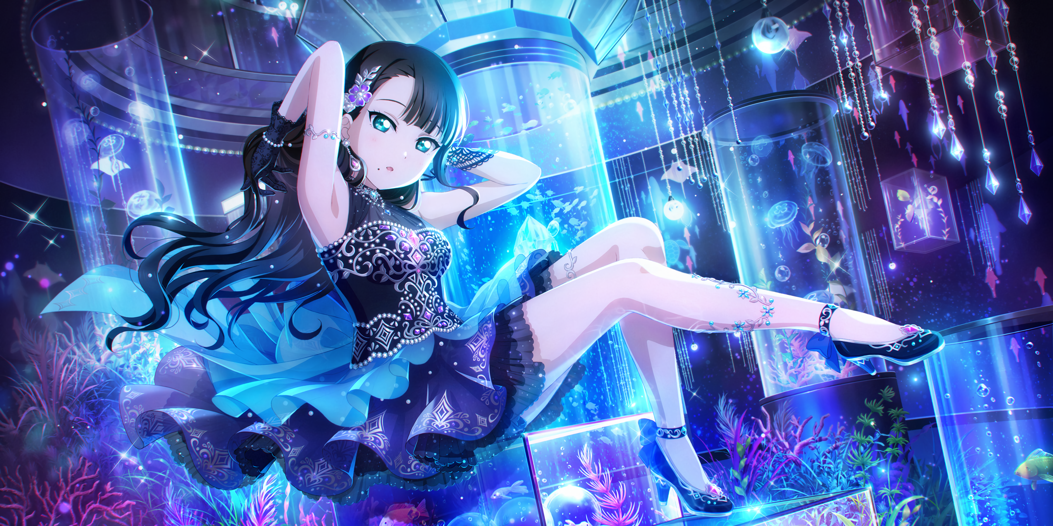 Kurosawa Dia in a blue dress at an aquarium HD Wallpaper