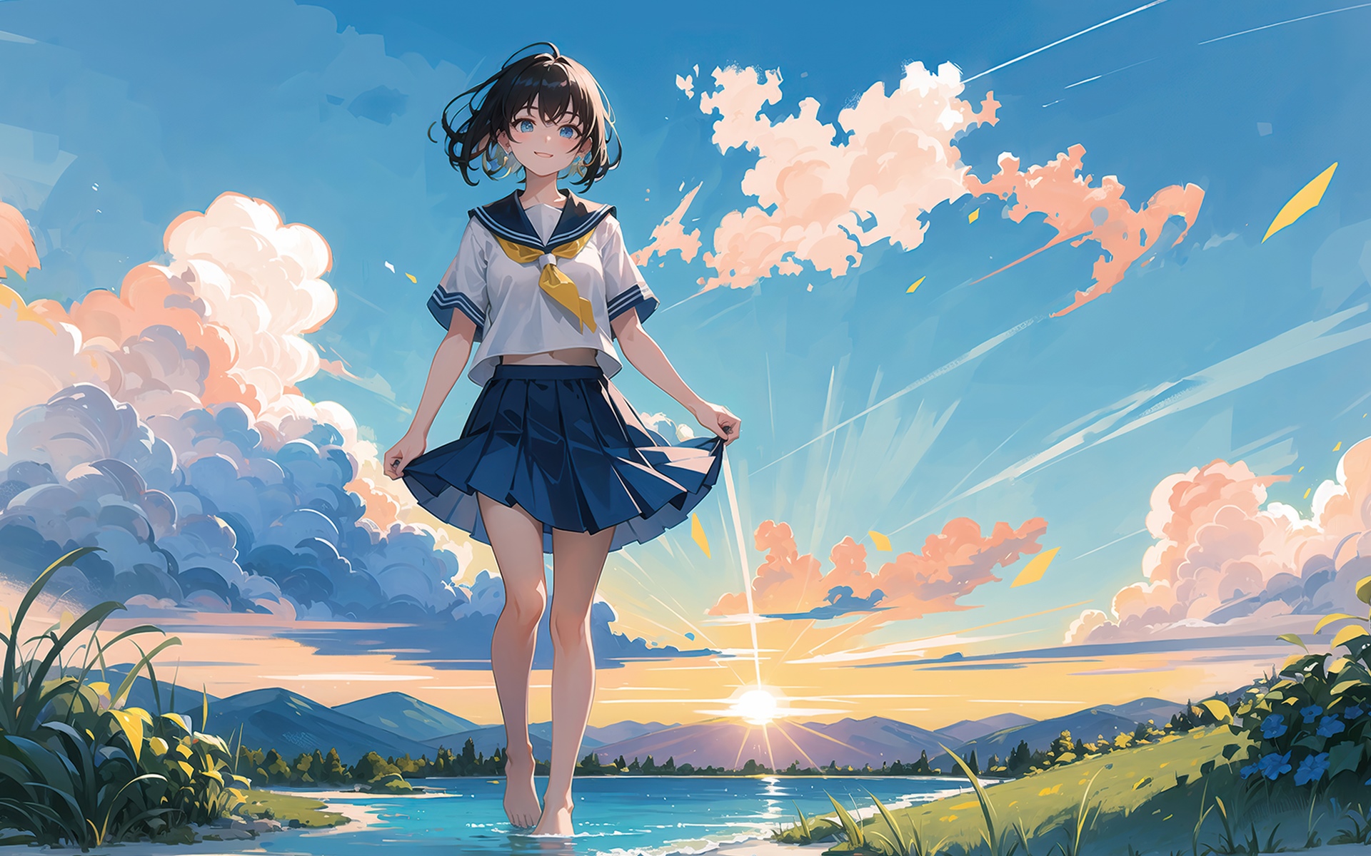 Sun grass school uniform sky landscape mountains schoolgirl HD Wallpaper