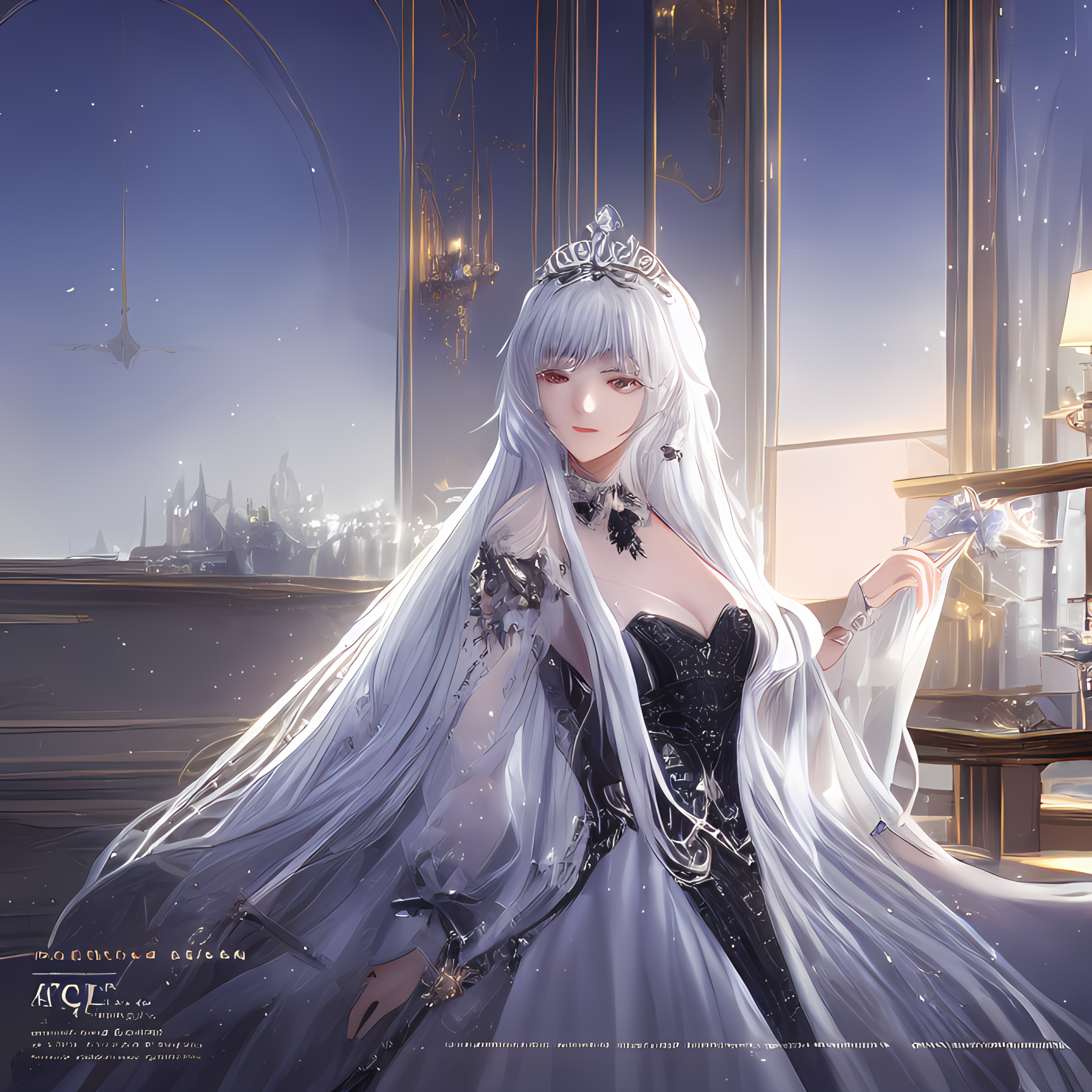 Queen with white hair and tiara in a ballroom HD Wallpaper