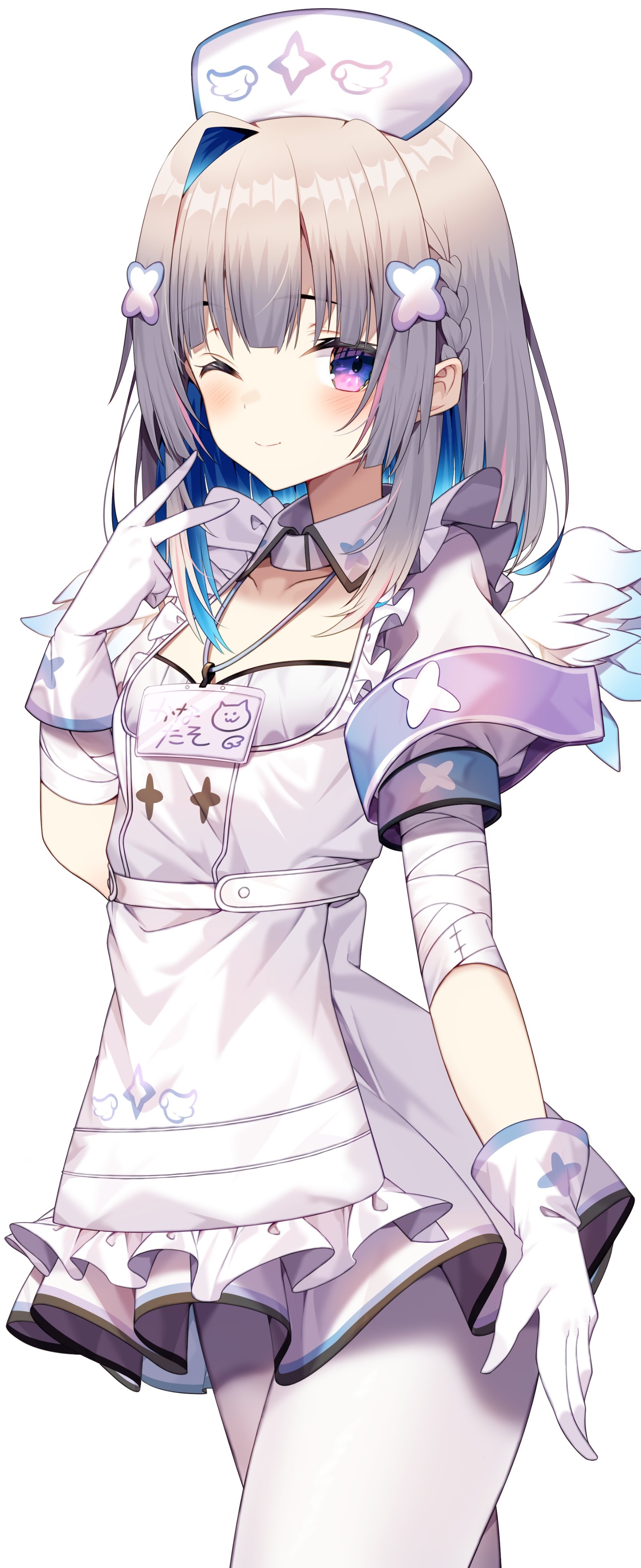 Anime nurse girl with two-tone hair and wings HD Phone Wallpaper