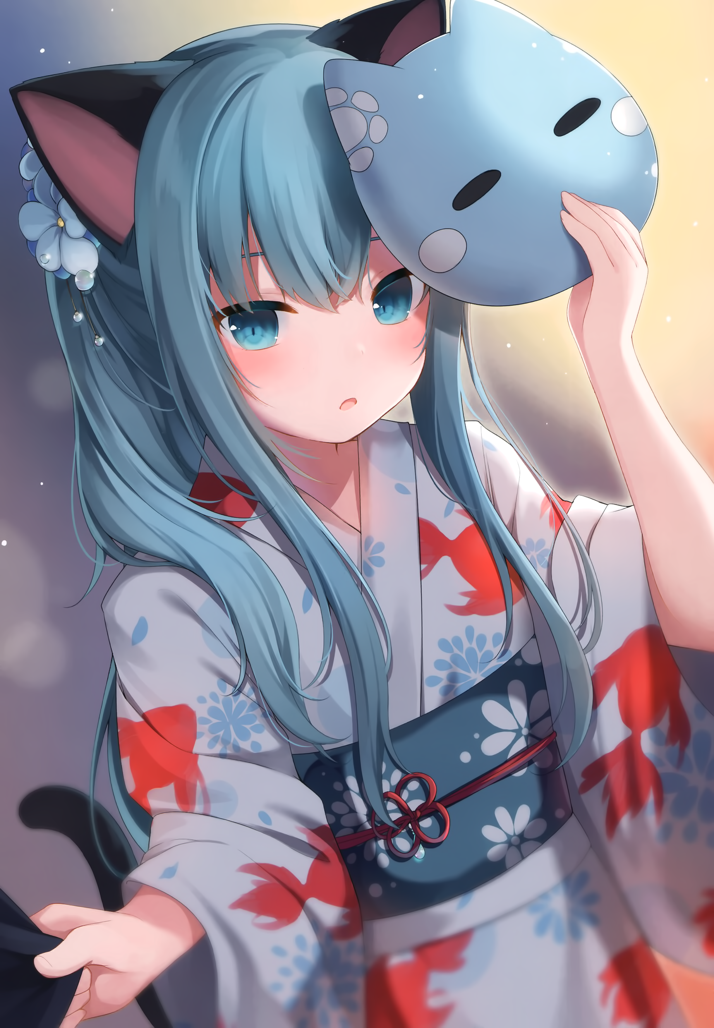 Anime girl with cat ears wearing a kimono and holding a mask HD Phone Wallpaper