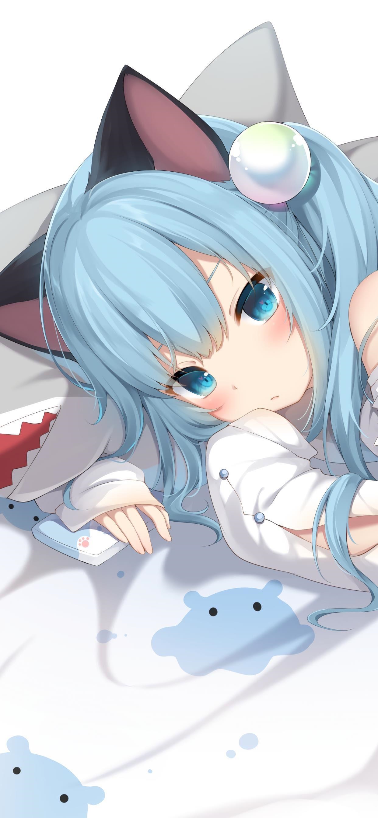Blue-eyed cat girl in shark hoodie lying down HD Phone Wallpaper