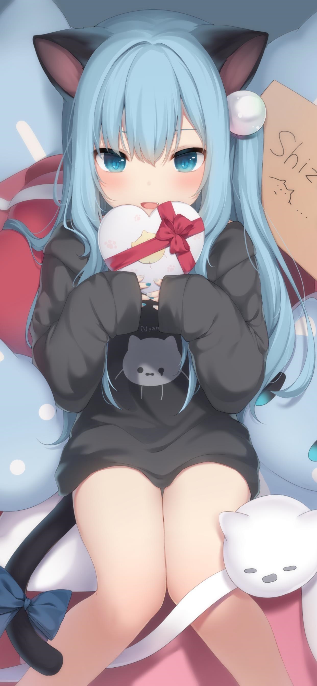 Cat girl holding a heart-shaped box HD Phone Wallpaper