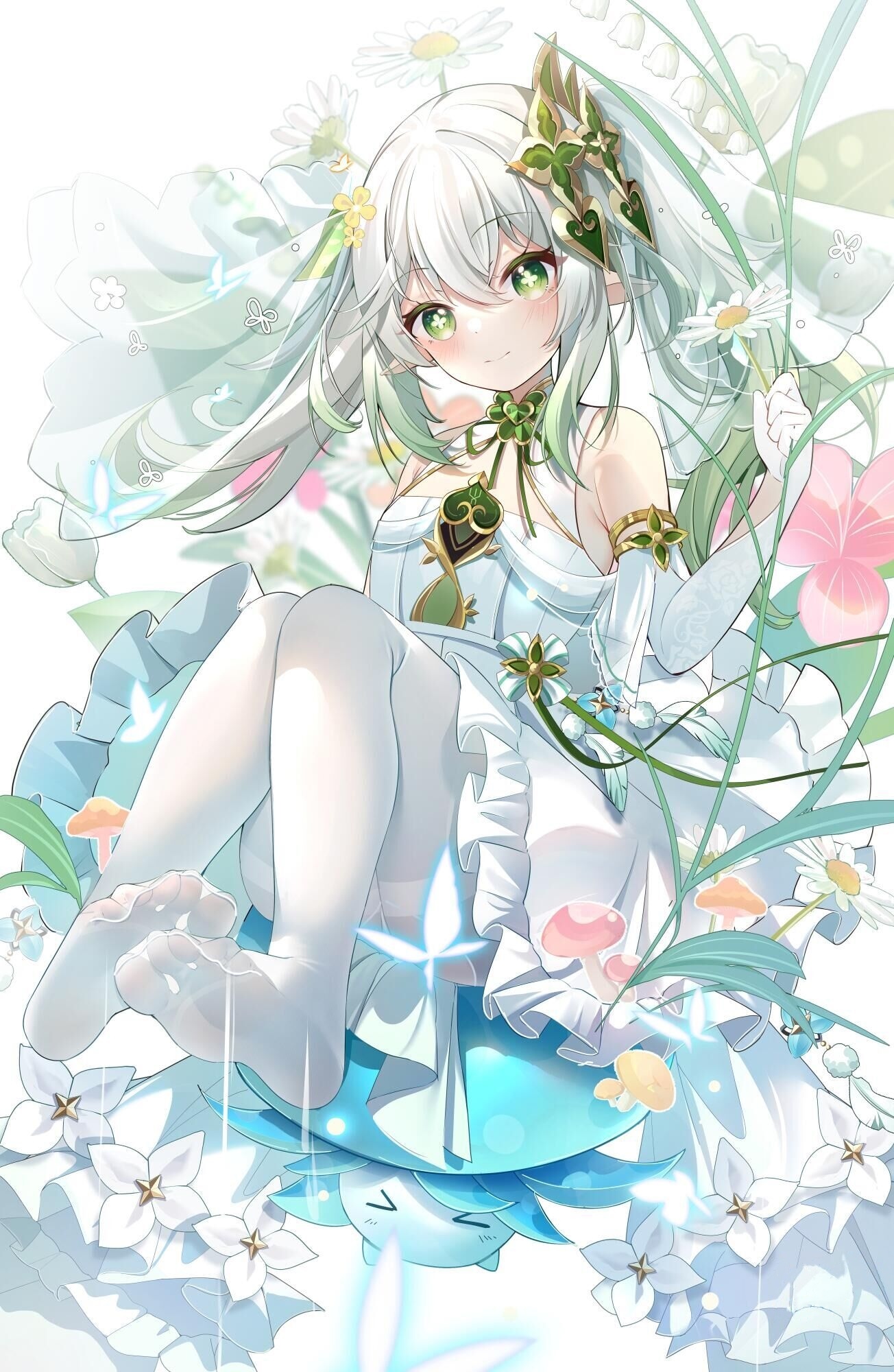 Genshin Impact's Nahida surrounded by flowers and mushrooms HD Phone Wallpaper