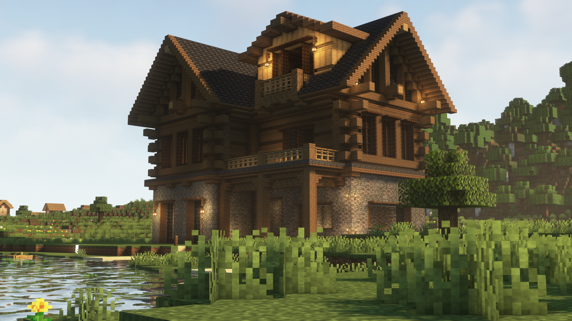 Minecraft log cabin by a lake with shaders HD Wallpaper