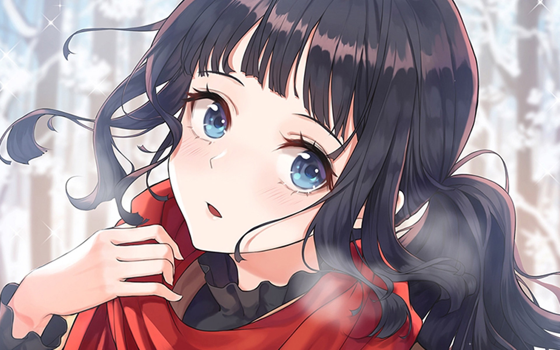 Girl with dark hair and blue eyes wearing a red scarf HD Wallpaper