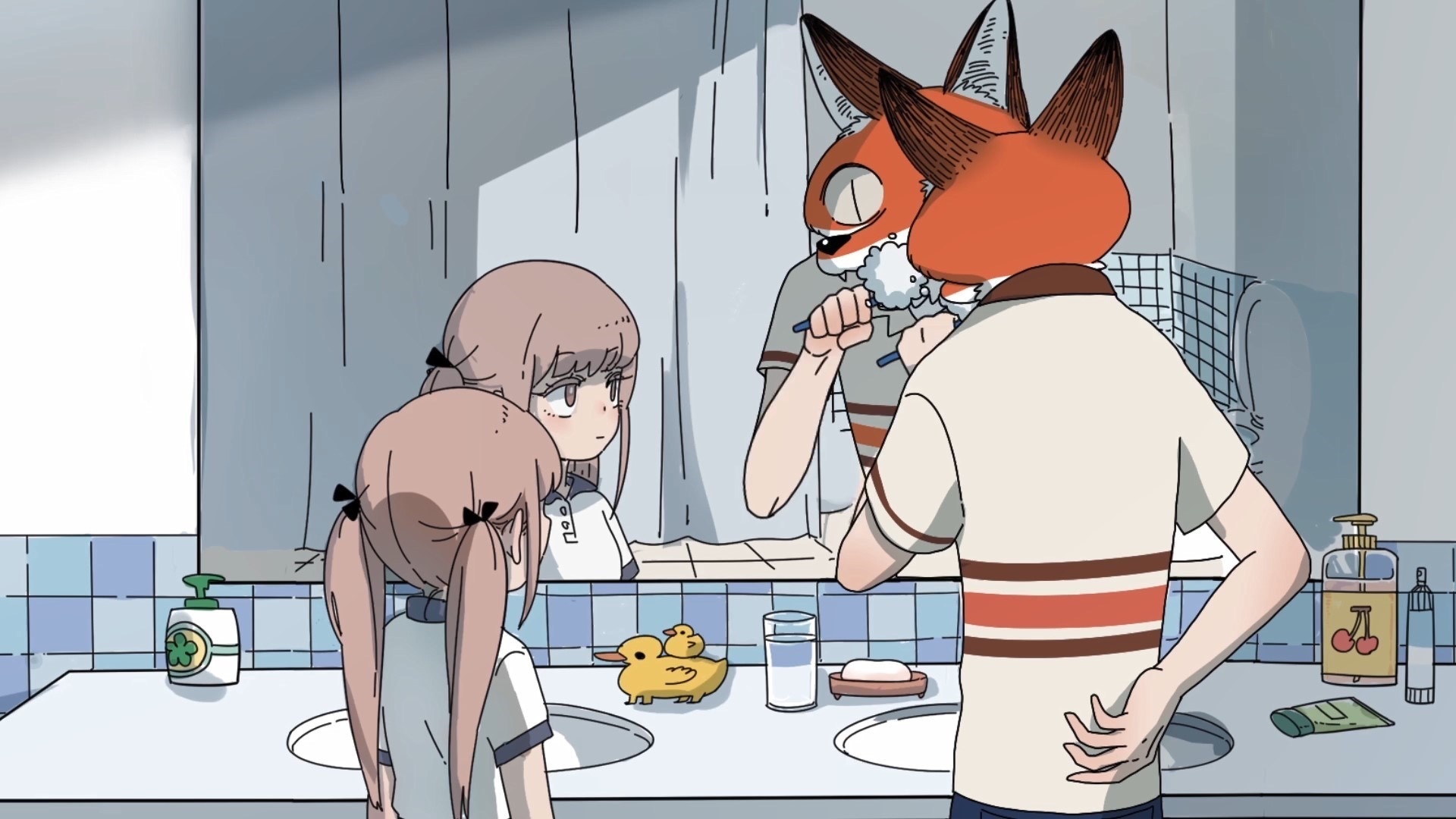 Fox brushes teeth with two girls in bathroom HD Wallpaper