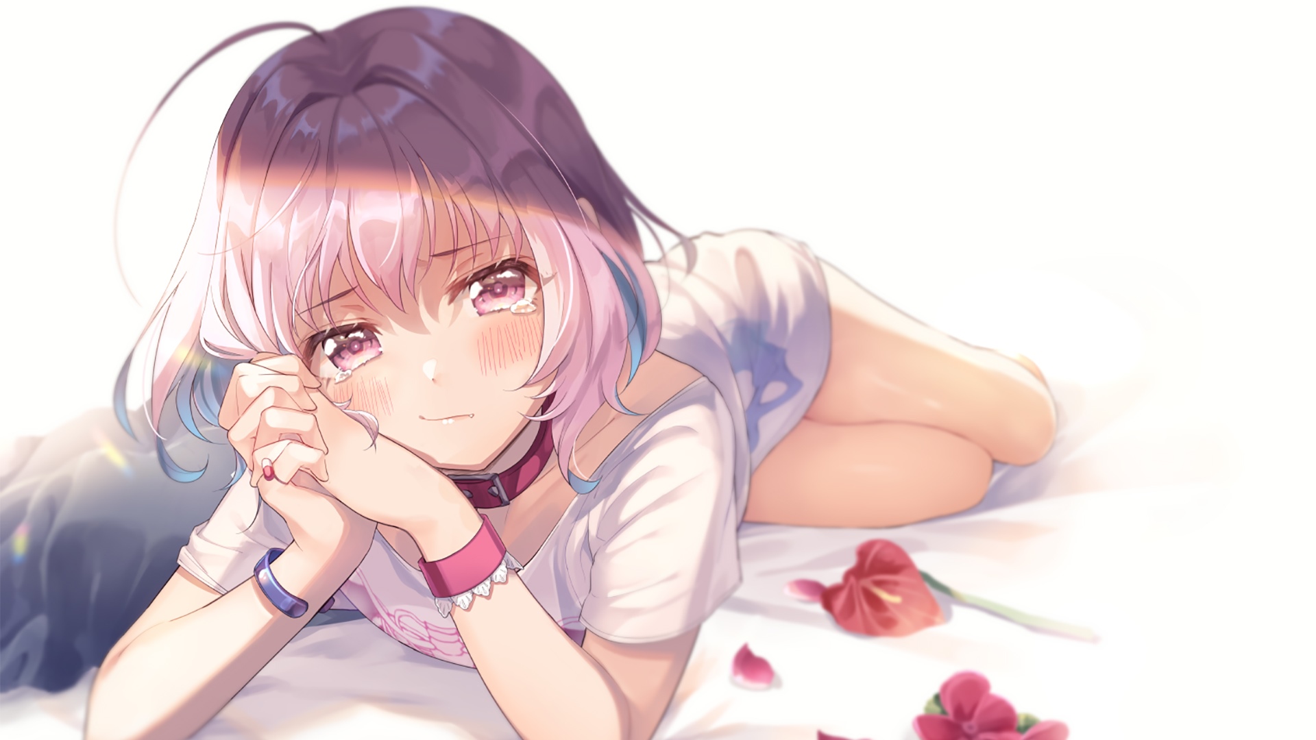 Riamu Yumemi Crying with Flowers HD Wallpaper