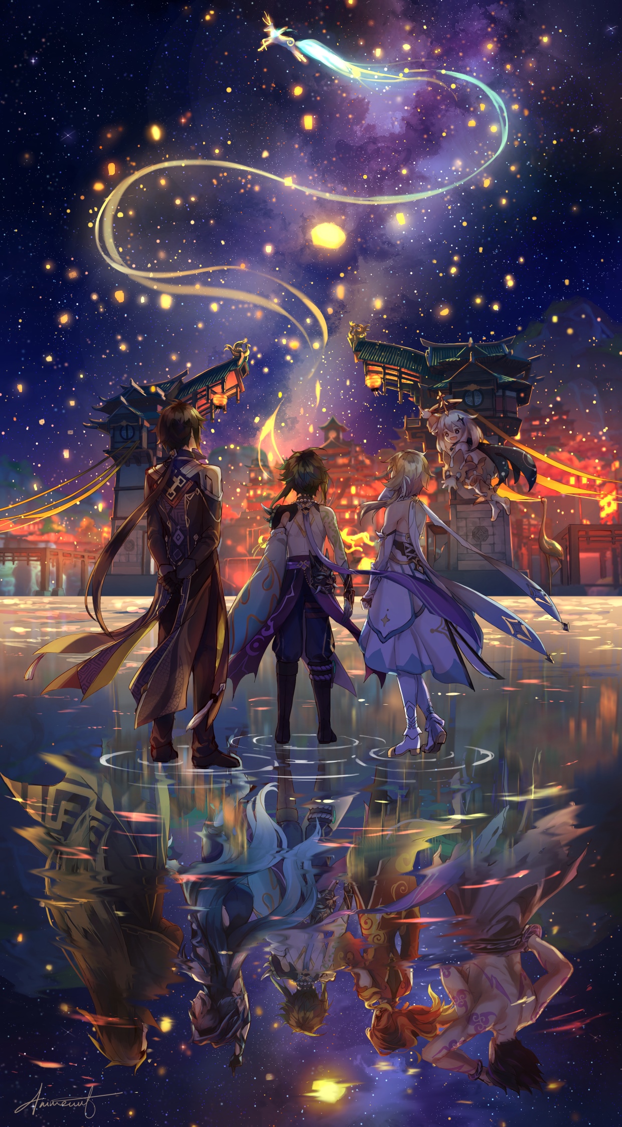 Genshin Impact characters Lumine, Zhongli, Xiao, and Paimon under starry sky HD Phone Wallpaper