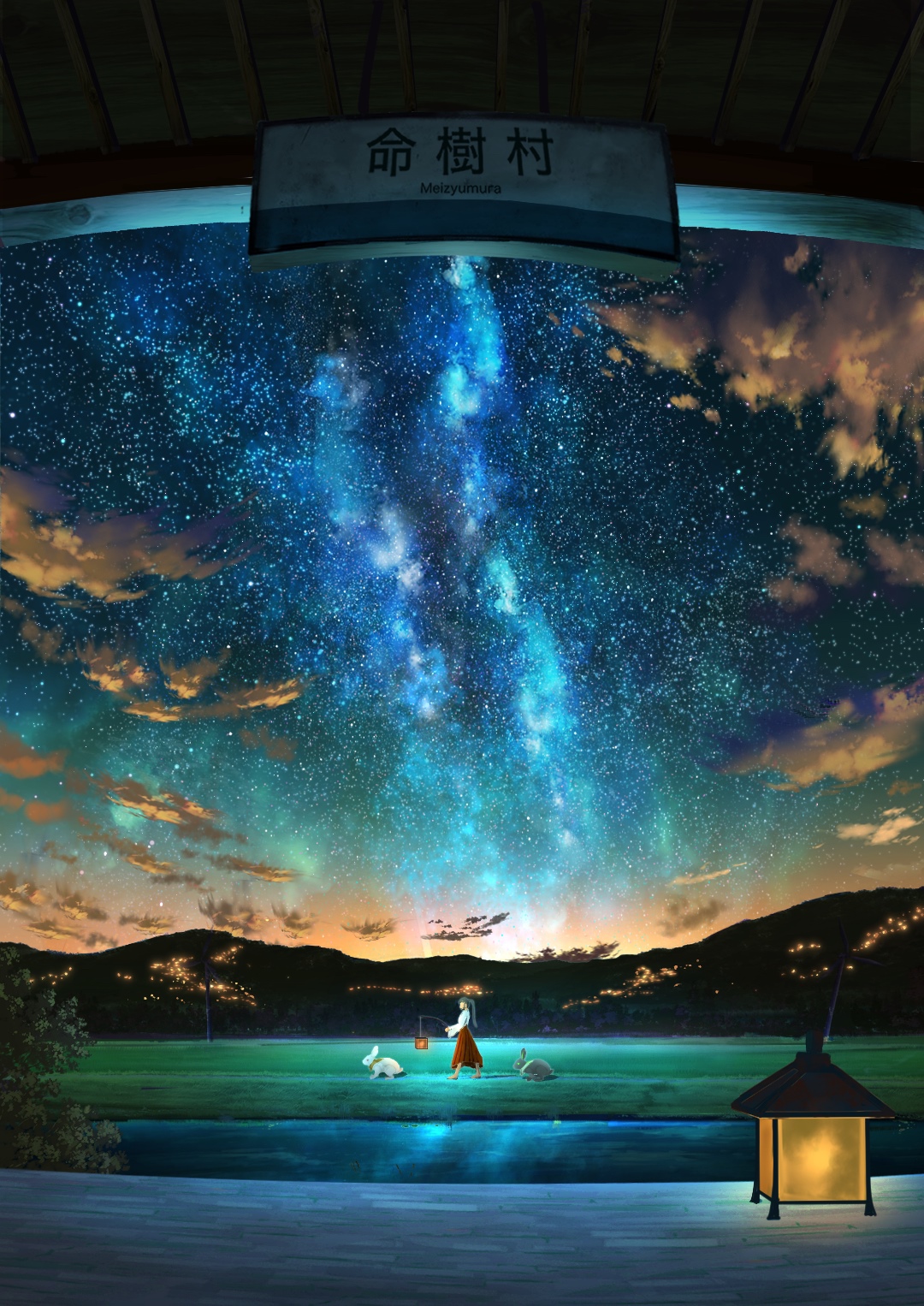 Miko and rabbits under the Milky Way at Meltyuimura station HD Phone Wallpaper