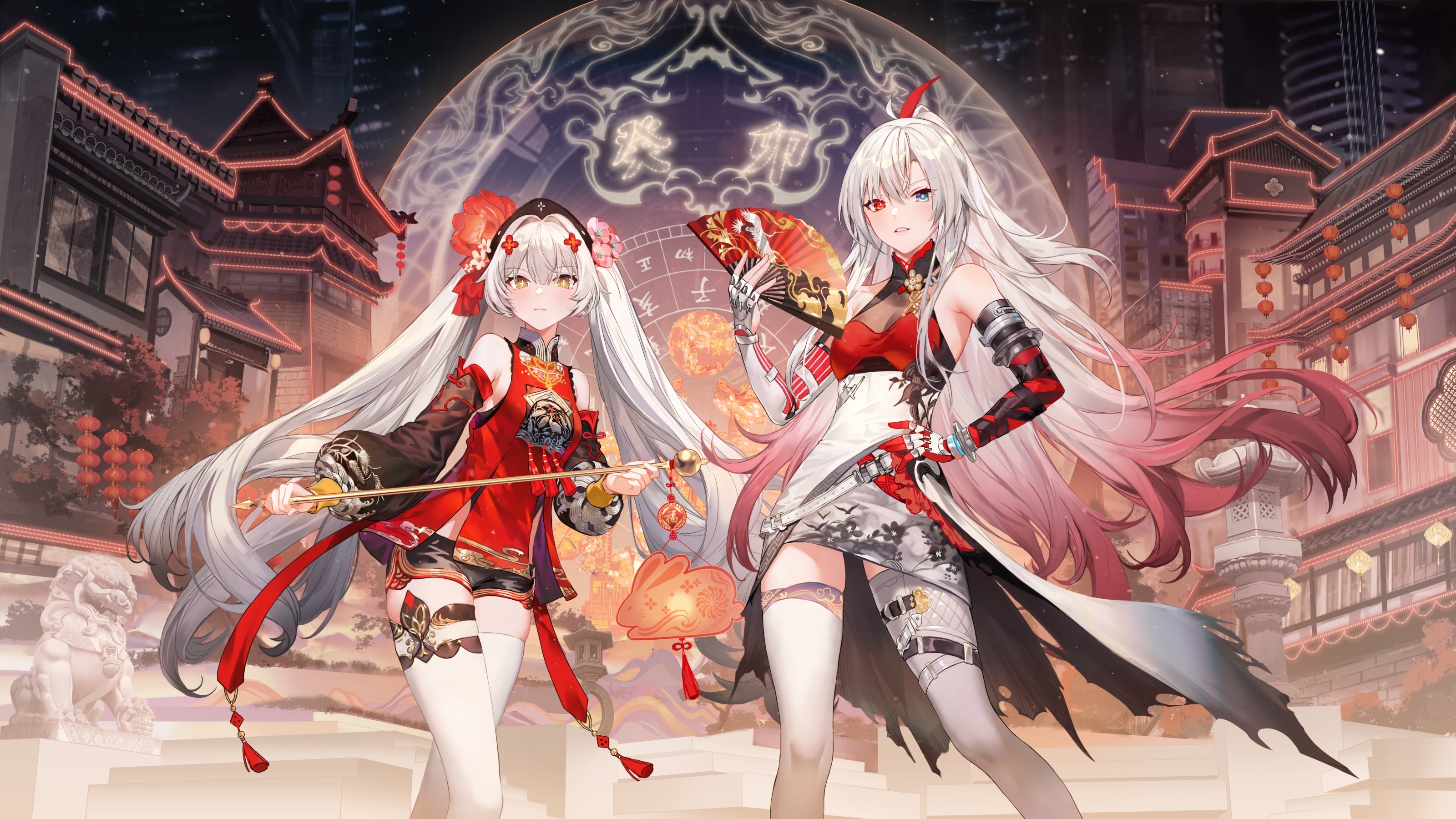 Two anime girls in Chinese dresses with fans HD Wallpaper