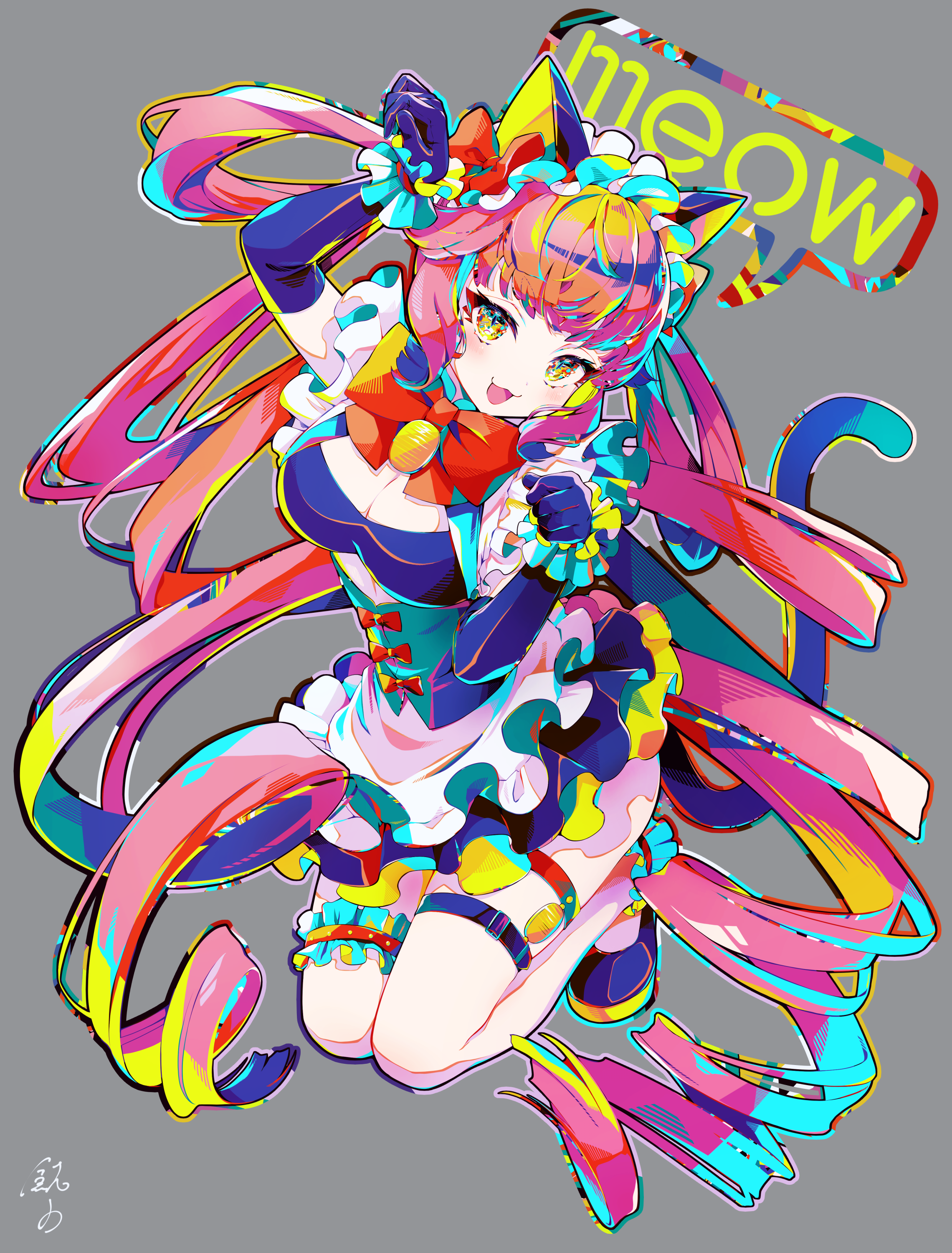 Cat girl with colorful twintails and cat ears HD Phone Wallpaper