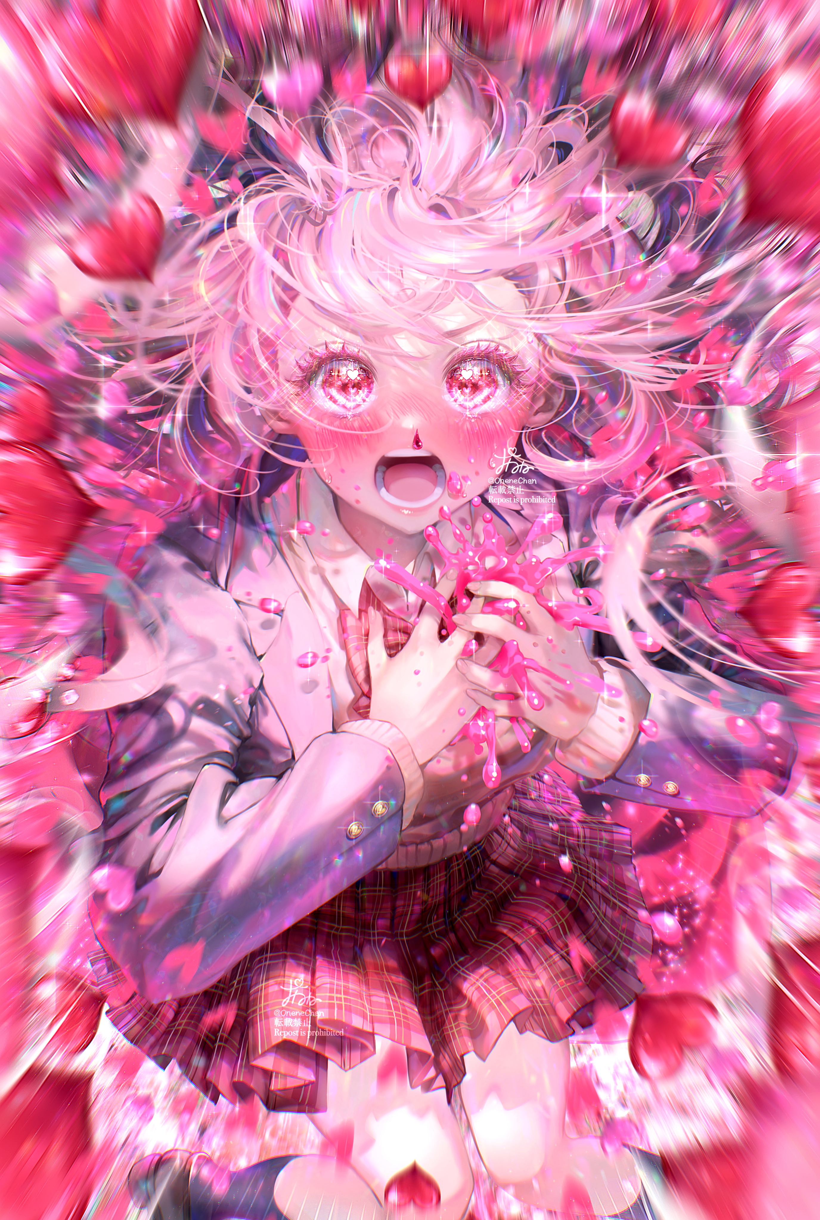 Anime schoolgirl with pink hair and hearts HD Phone Wallpaper