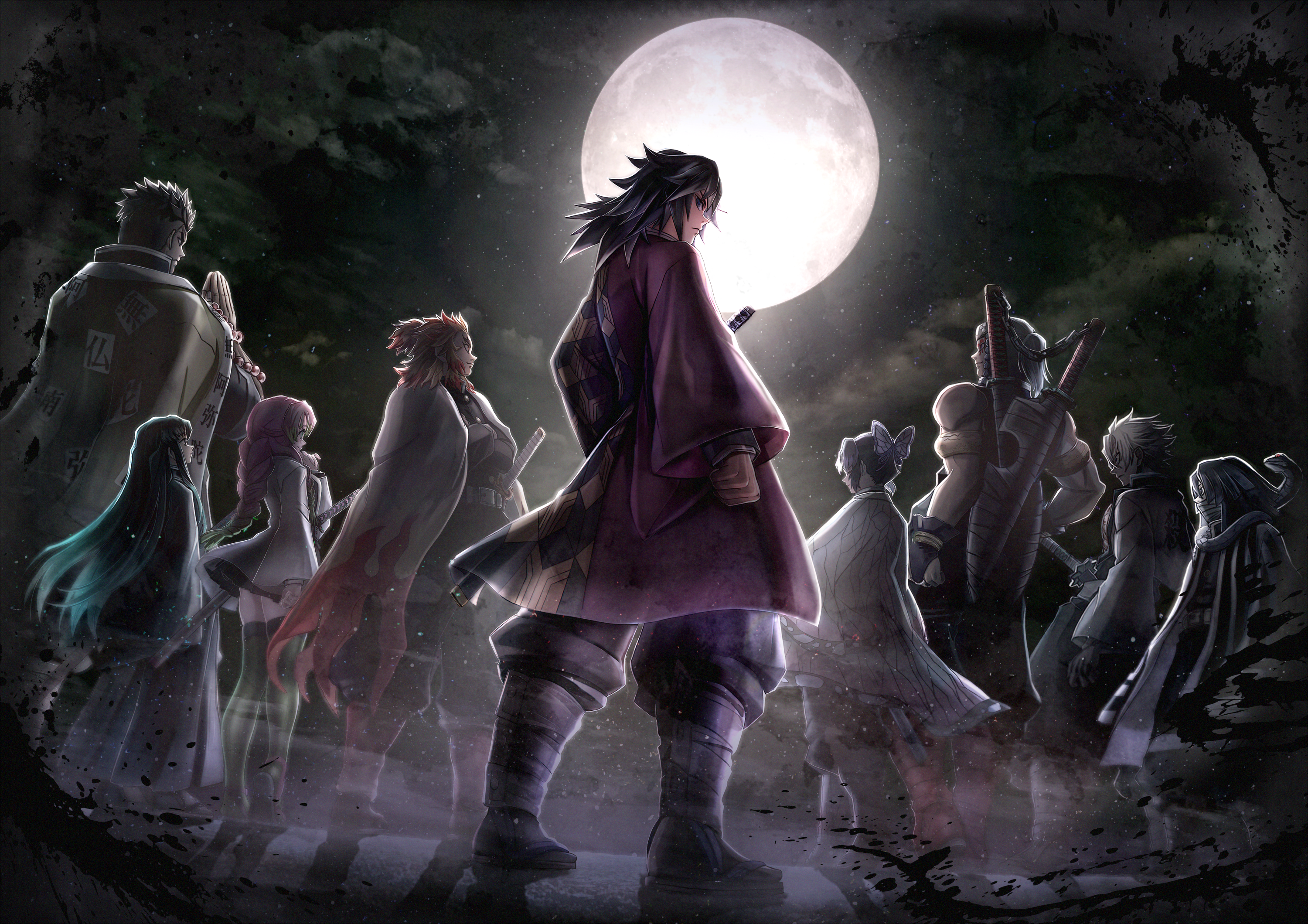 Kimetsu no Yaiba characters under the full moon HD Wallpaper