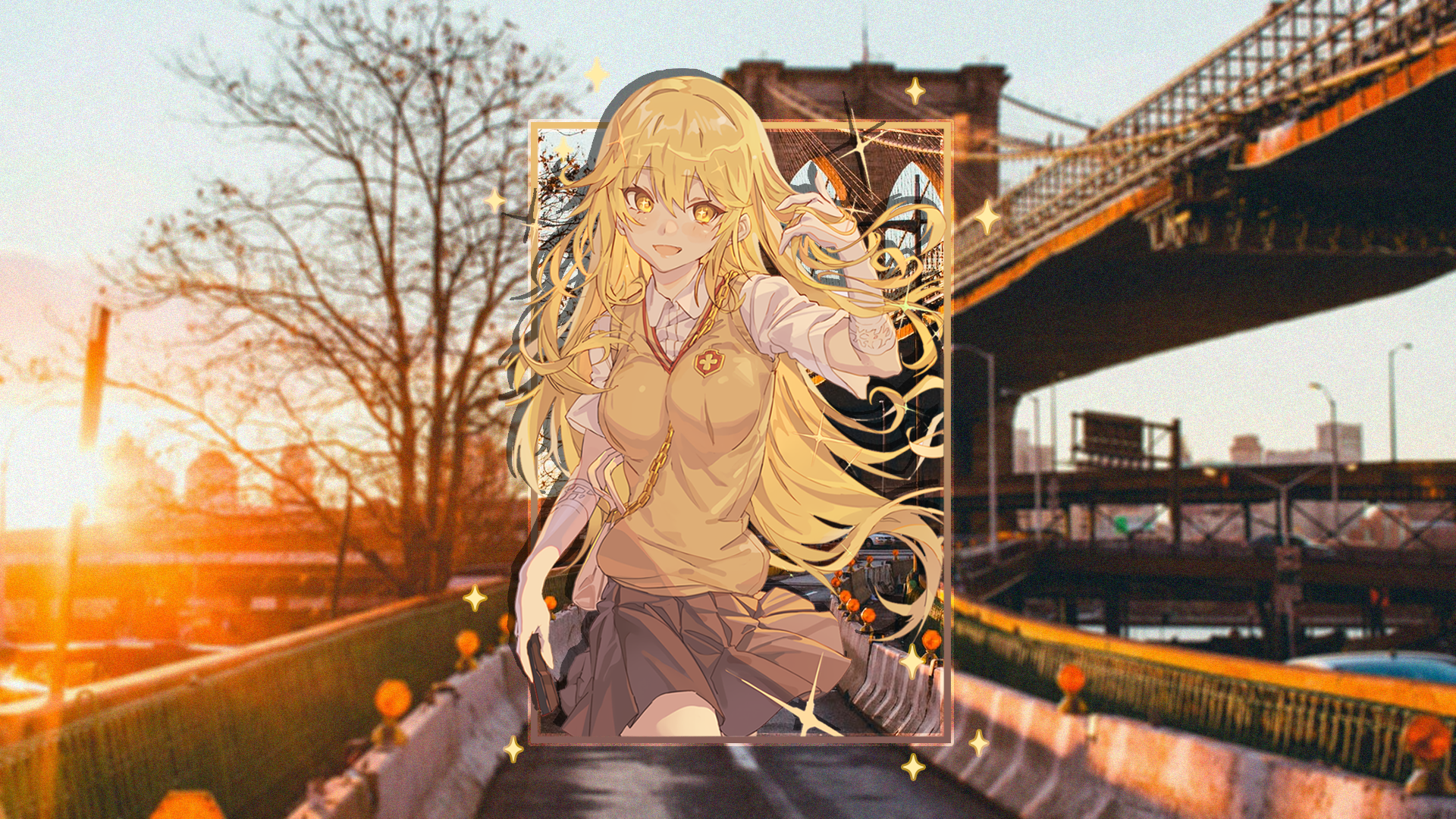 Shokuhou Misaki from To Aru Kagaku no Railgun with Brooklyn Bridge at Sunset HD Wallpaper
