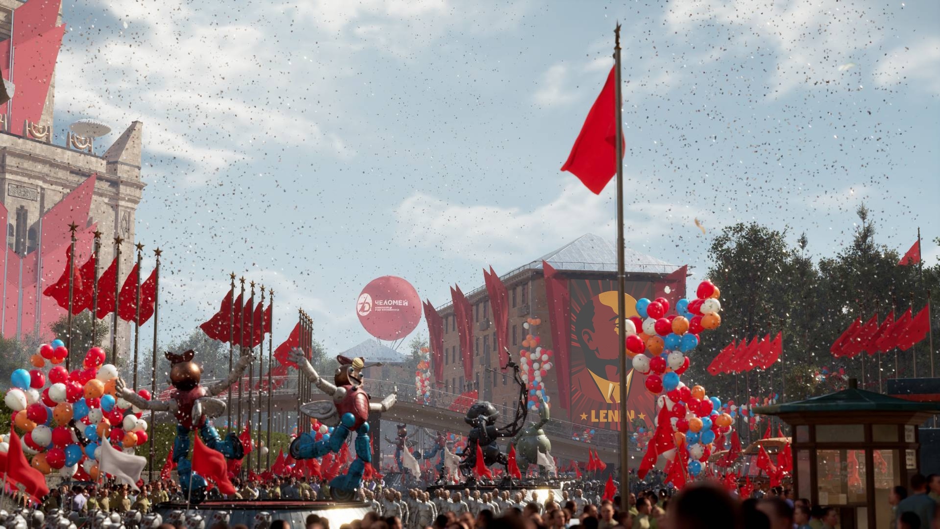 Atomic Heart parade with Vladimir Lenin banner and balloons HD Wallpaper