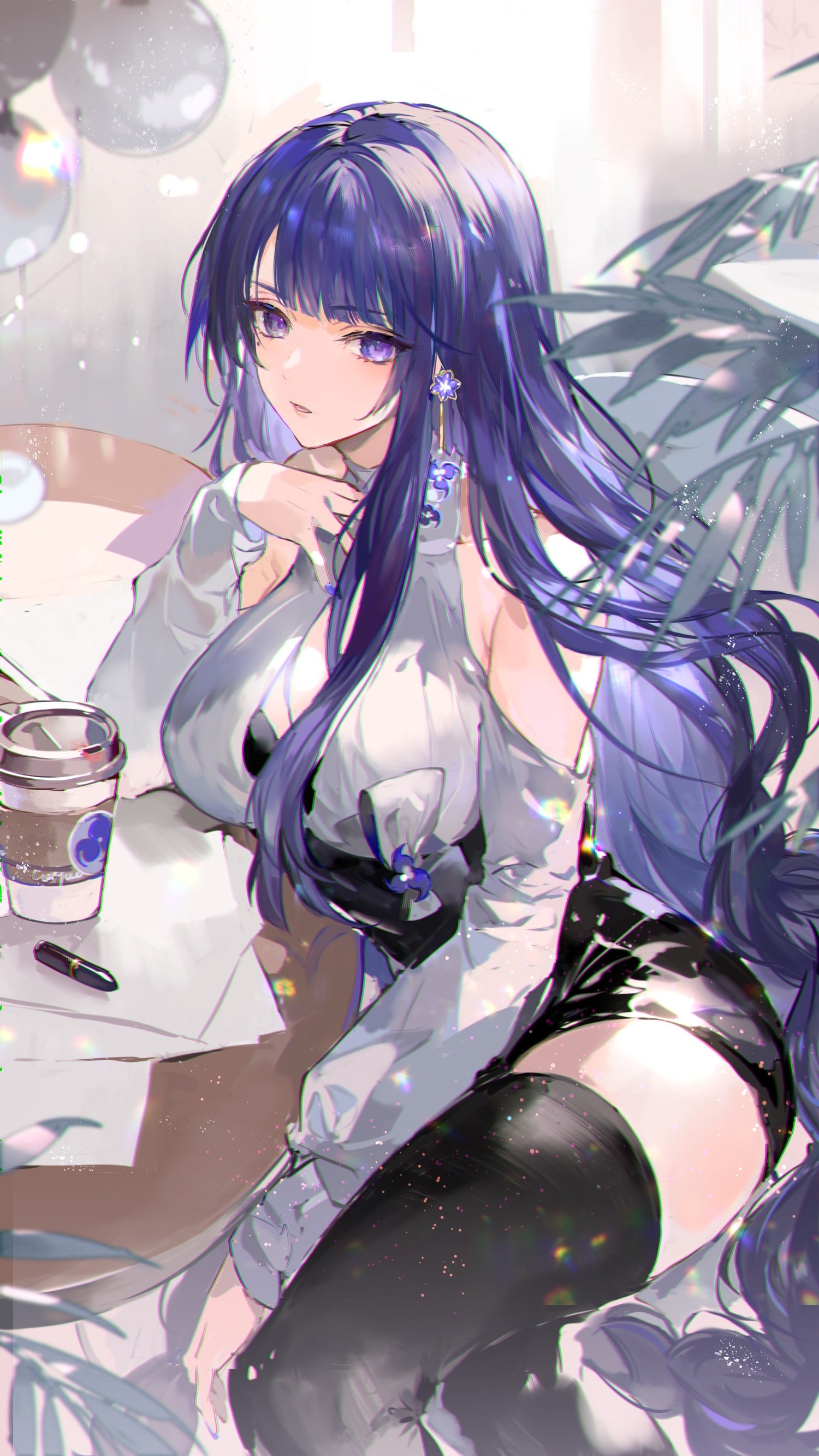 Raiden Shogun from Genshin Impact with a drink HD Phone Wallpaper