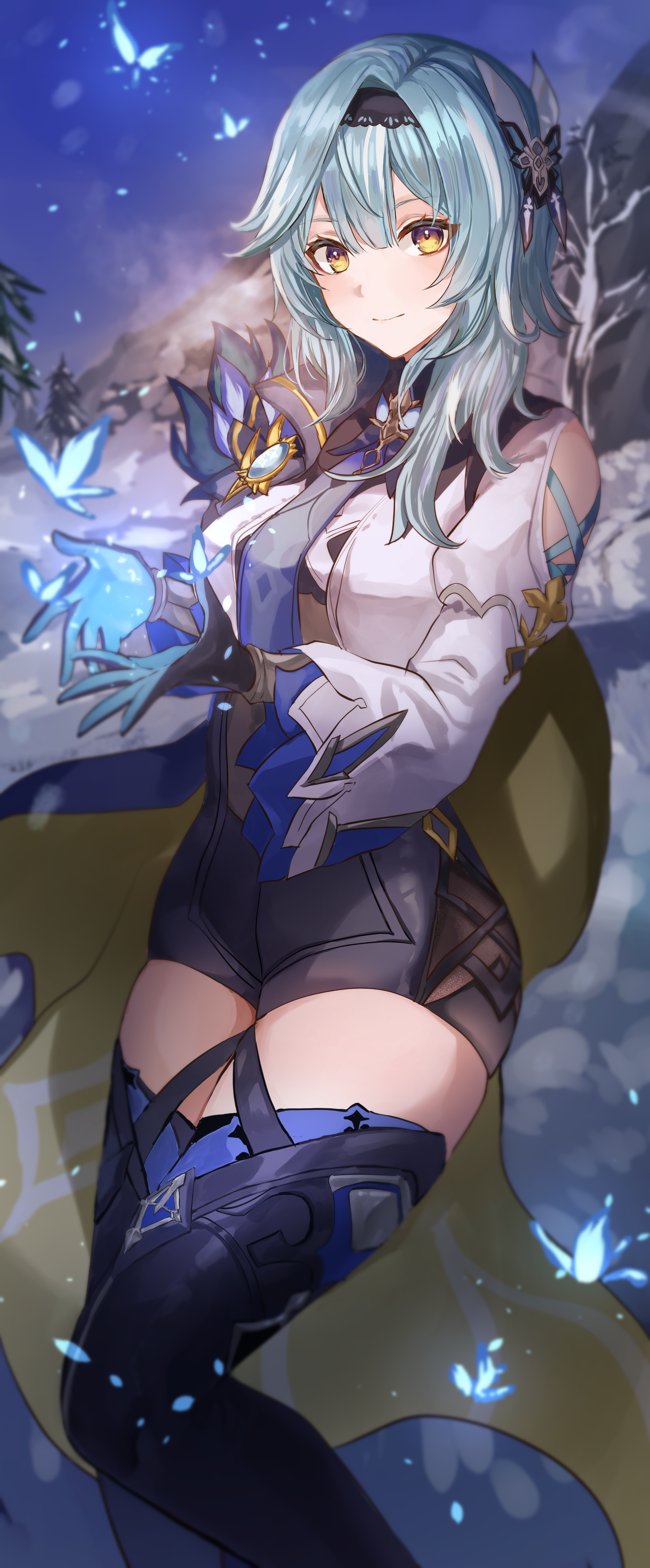 Eula from Genshin Impact with blue butterflies HD Phone Wallpaper