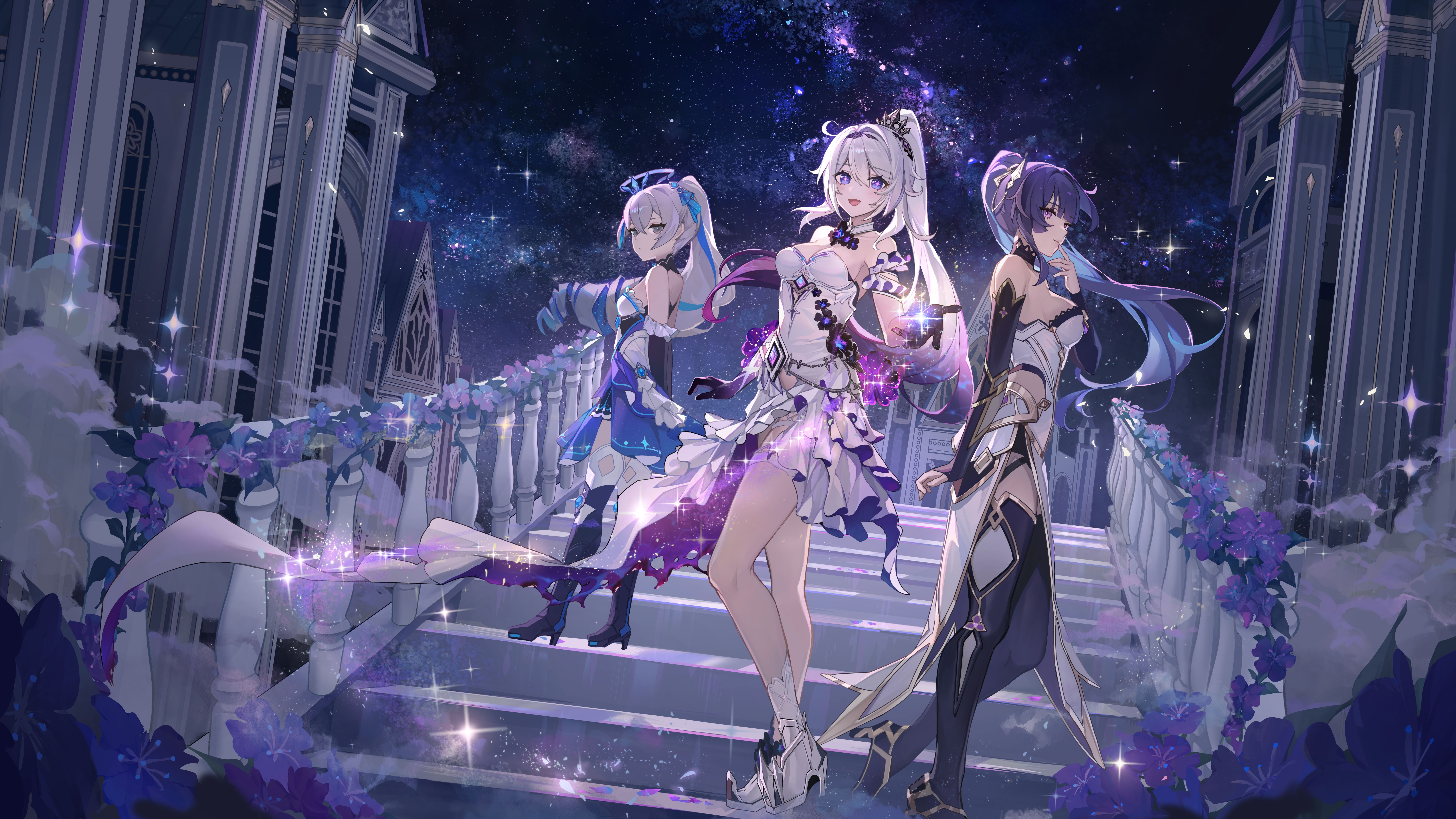Honkai Impact 3rd: Kiana, Raiden Mei, and Bronya under starry night HD Wallpaper